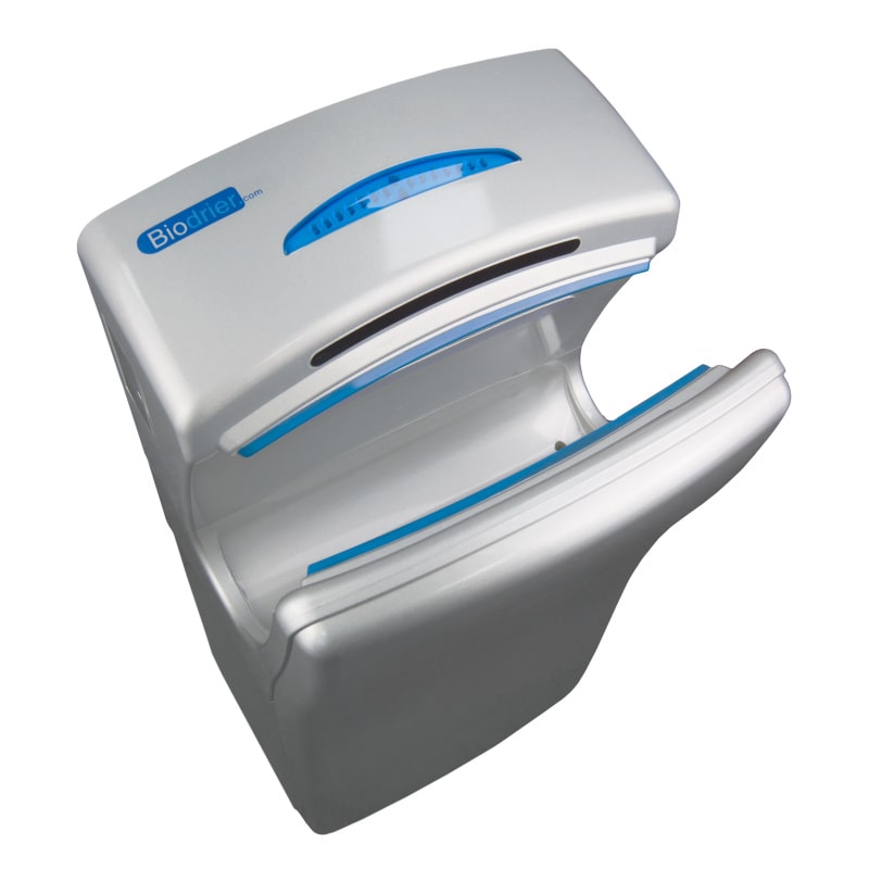 Biodrier business 2 hand dryer in silver color at top down angled view