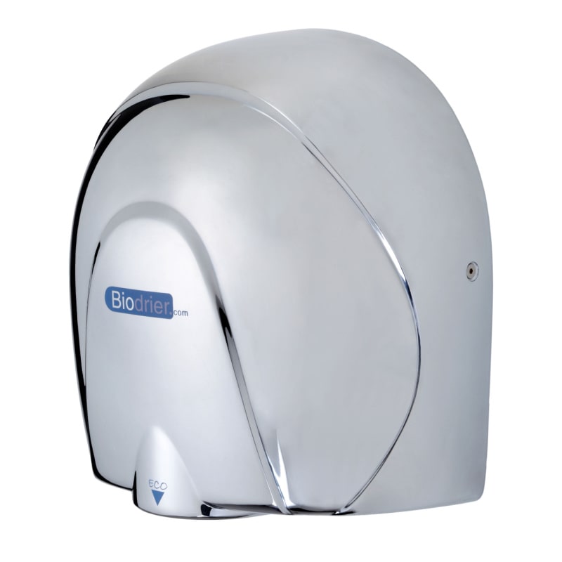 Biodrier eco hand dryer in chrome color front angled view