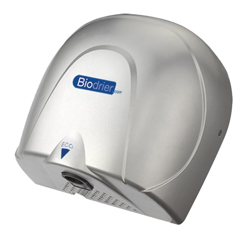 Biodrier eco hand dryer in silver color at a bottom angled view