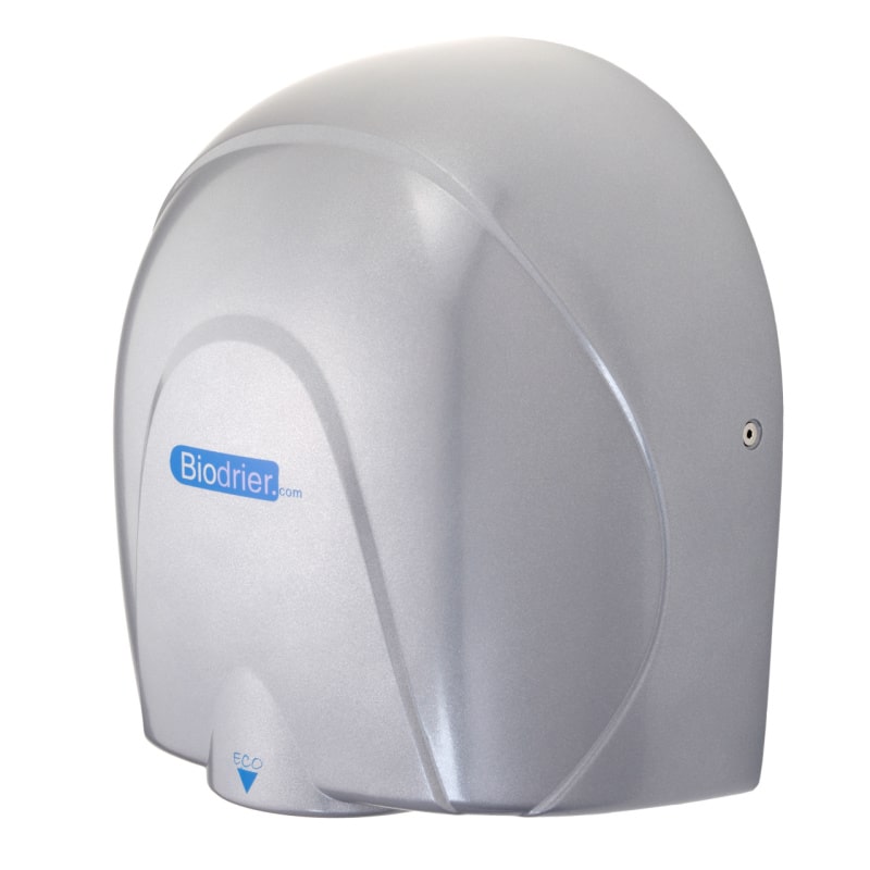 Biodrier eco hand dryer in silver color at front angled view