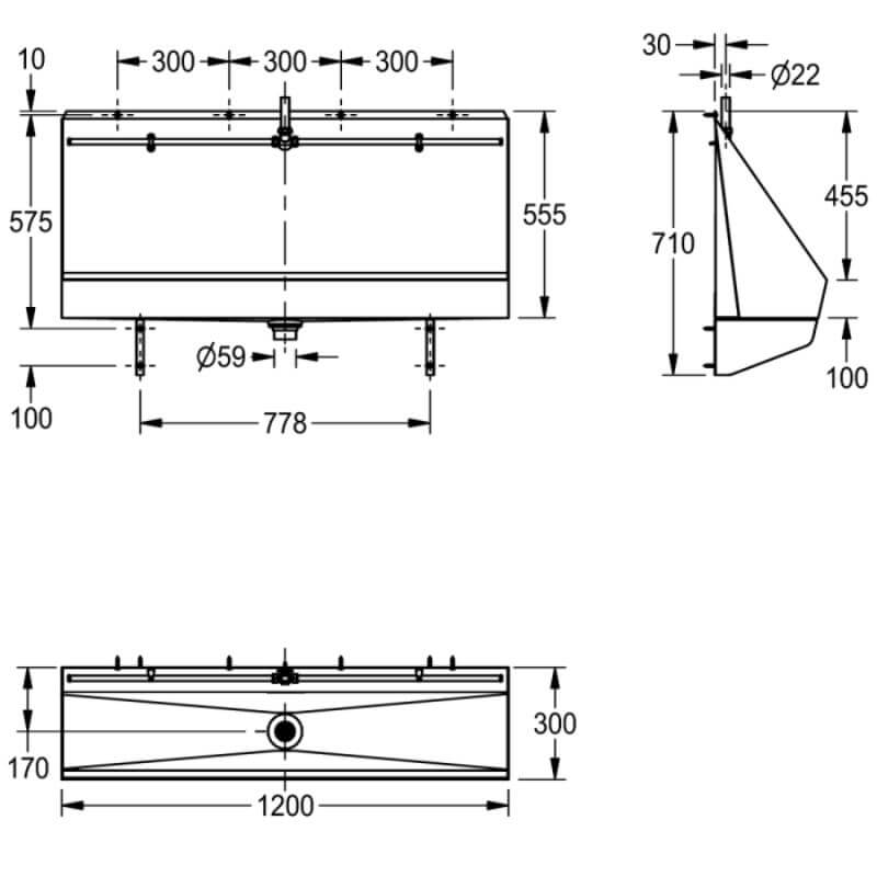 Centinel Urinal 1200mm Trough Kit With Exposed Cistern Drawing
