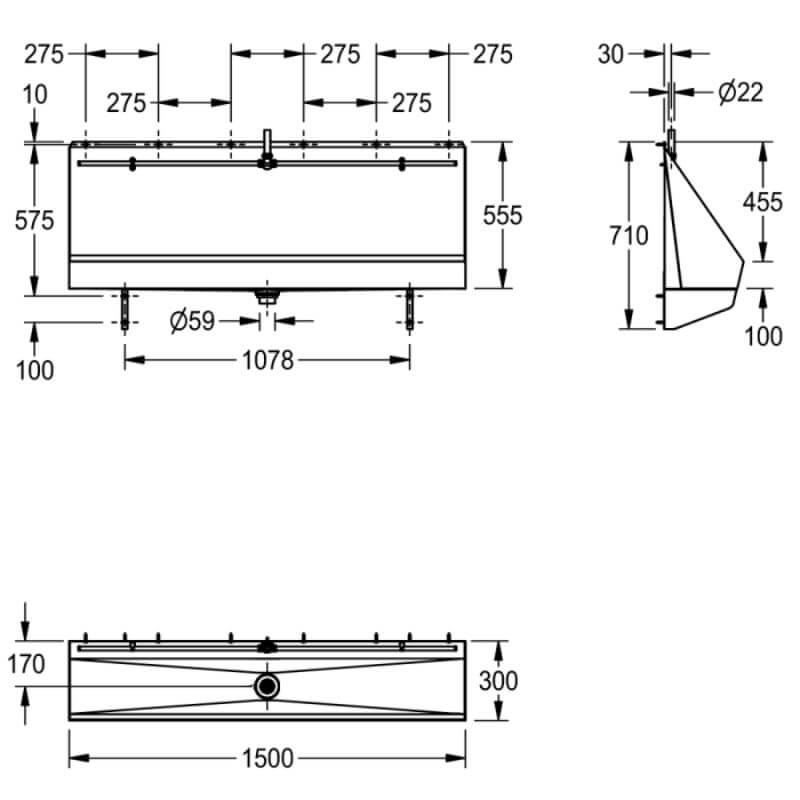 Centinel Urinal 1500mm Trough Kit With Exposed Cistern Drawing