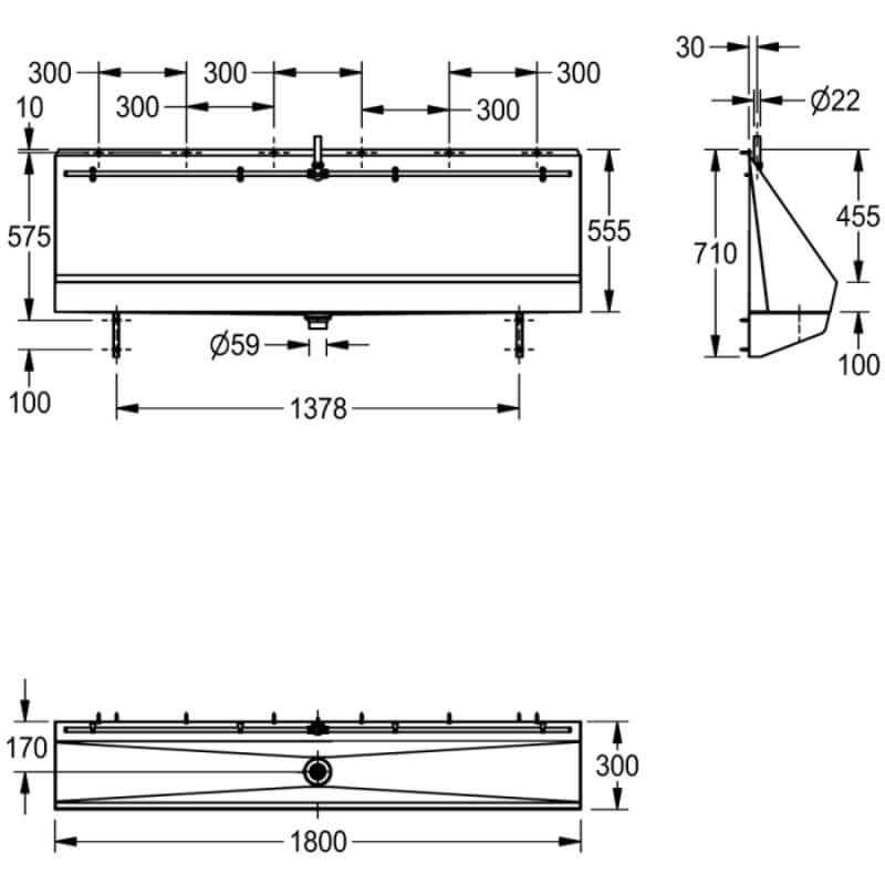 Centinel Urinal 1800mm Trough Kit With Exposed Cistern Drawing