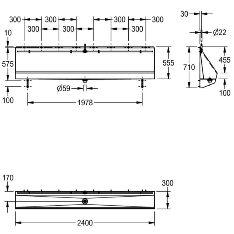 Centinel Urinal 2400mm Trough Kit With Exposed Cistern Drawing