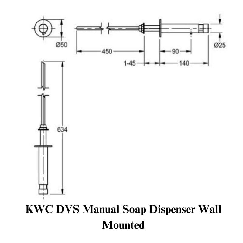 Technical drawing of KWC DVS manual soap dispenser, wall-mounted design, showing dimensions and installation details.