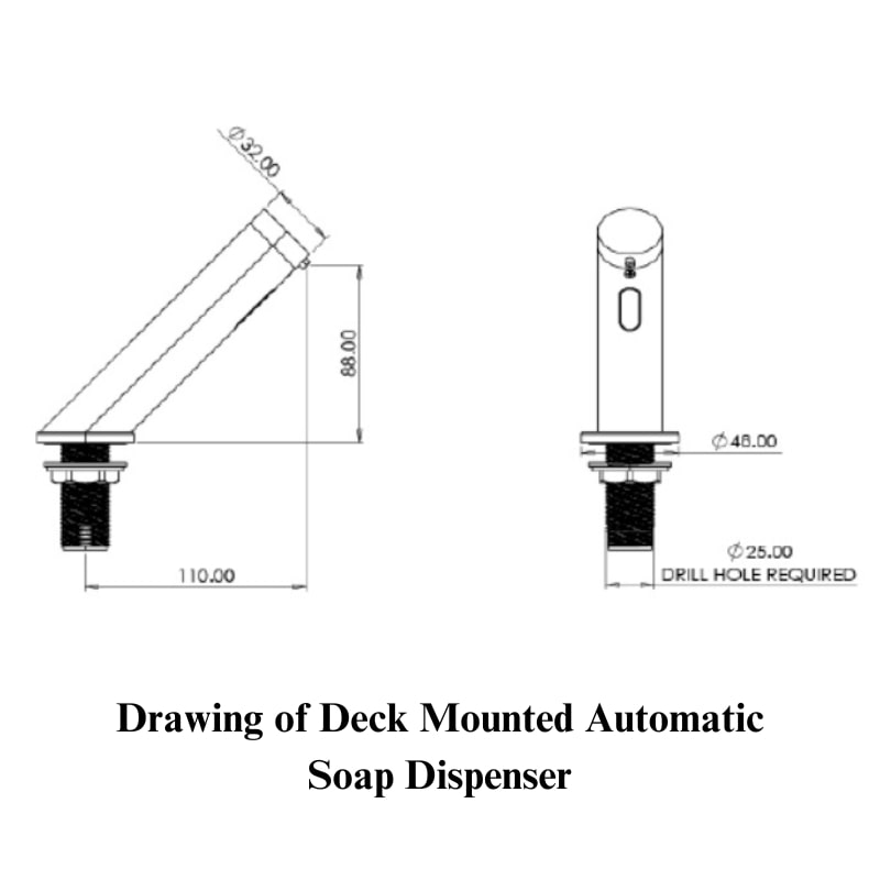 Illustration of a deck-mounted automatic soap dispenser with a sleek modern design, showcasing its placement and functionality in a commercial or residential washroom setting.