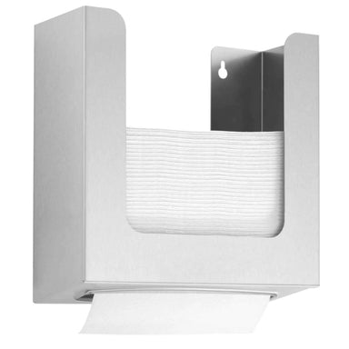 Dolphin Prestige Behind Hinged Mirror Paper Towel Dispenser in stainless steel.