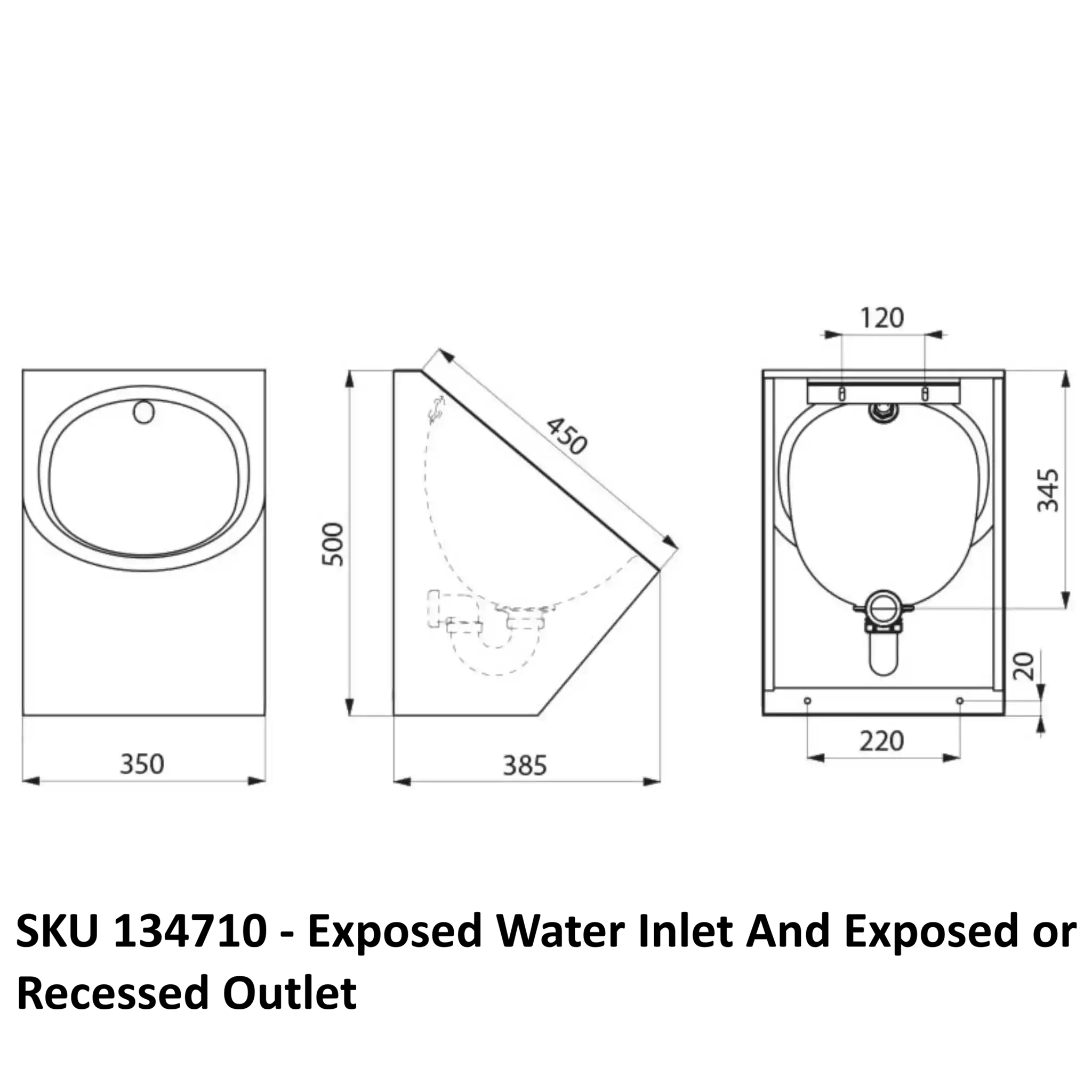 A image showing the technical drawings for the Delabie Delta Urinal 134710