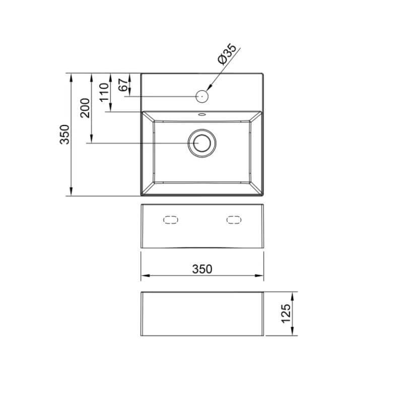 350mm wide square Dolphin Wall Mounted Basin drawing