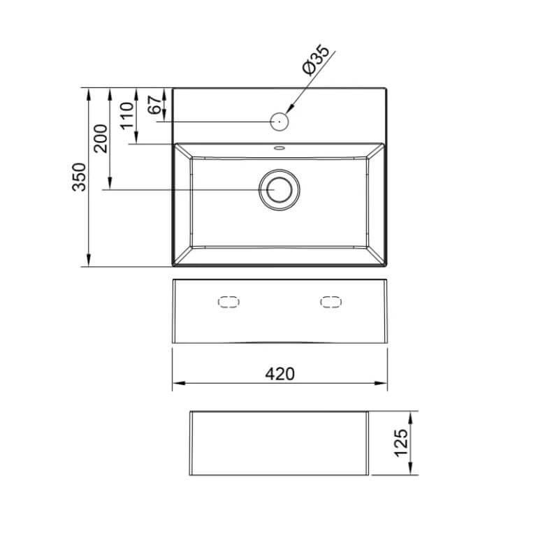 420mm wide rectangular Dolphin Wall Mounted Basin drawing