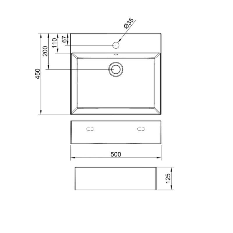 500mm wide rectangular Dolphin Wall Mounted Basin drawing