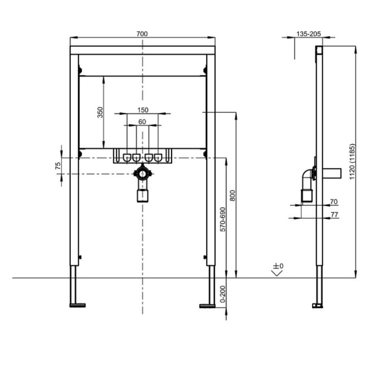 CMPX150 KWC DVS AquaFix Installation Frame For Stainless Steel Washbasins Drawing