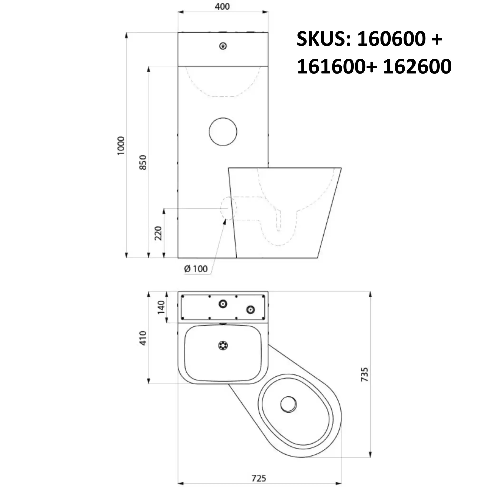Delabie KOMPACT Combi technical drawing showing dimensions, floor standing WC combination unit, wall mounted with access panels, WC pan on right, 400mm wide 1000mm high