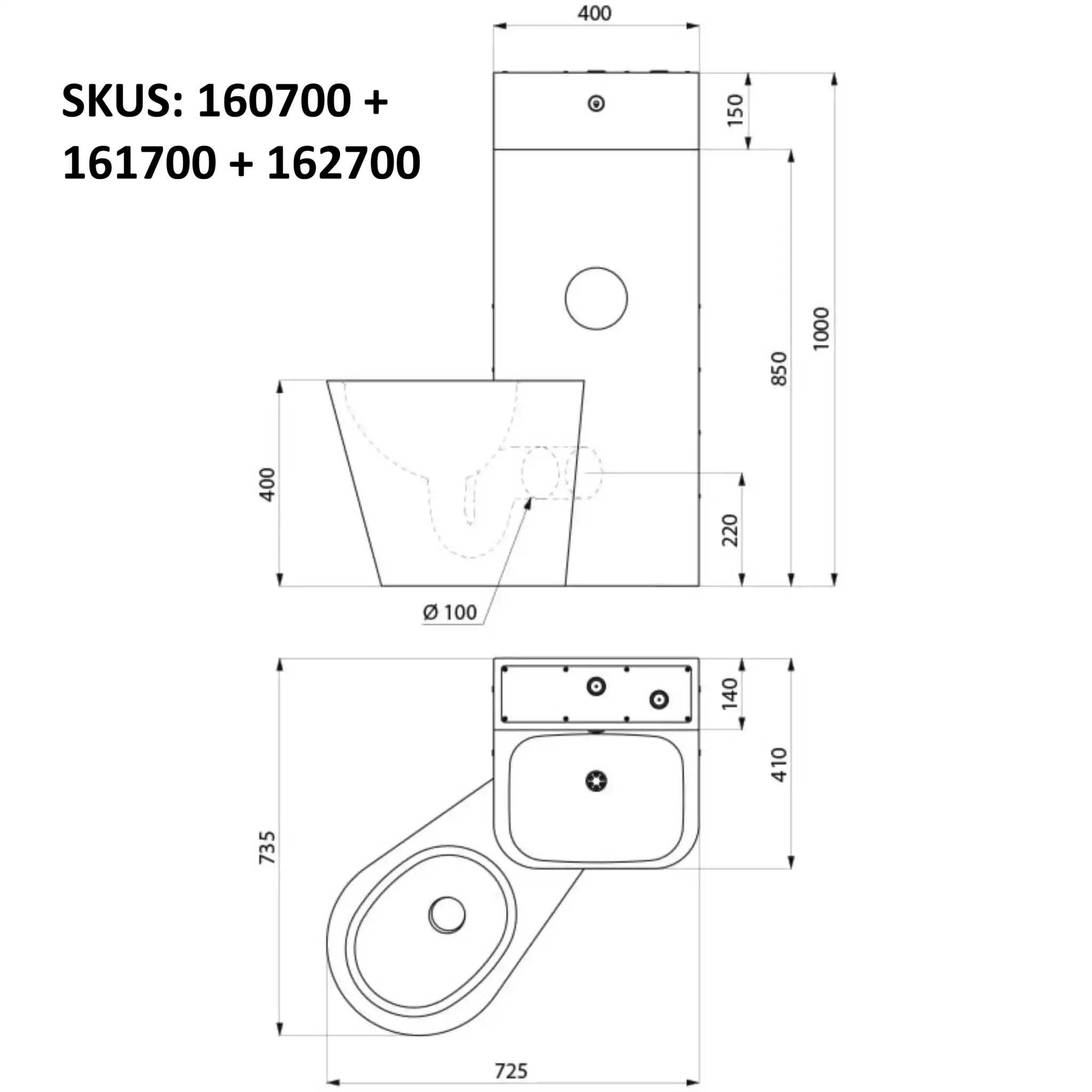 Delabie KOMPACT Combi technical drawing showing dimensions, floor standing WC combination unit, wall mounted with access panels, WC pan on left, 400mm wide 1000mm high