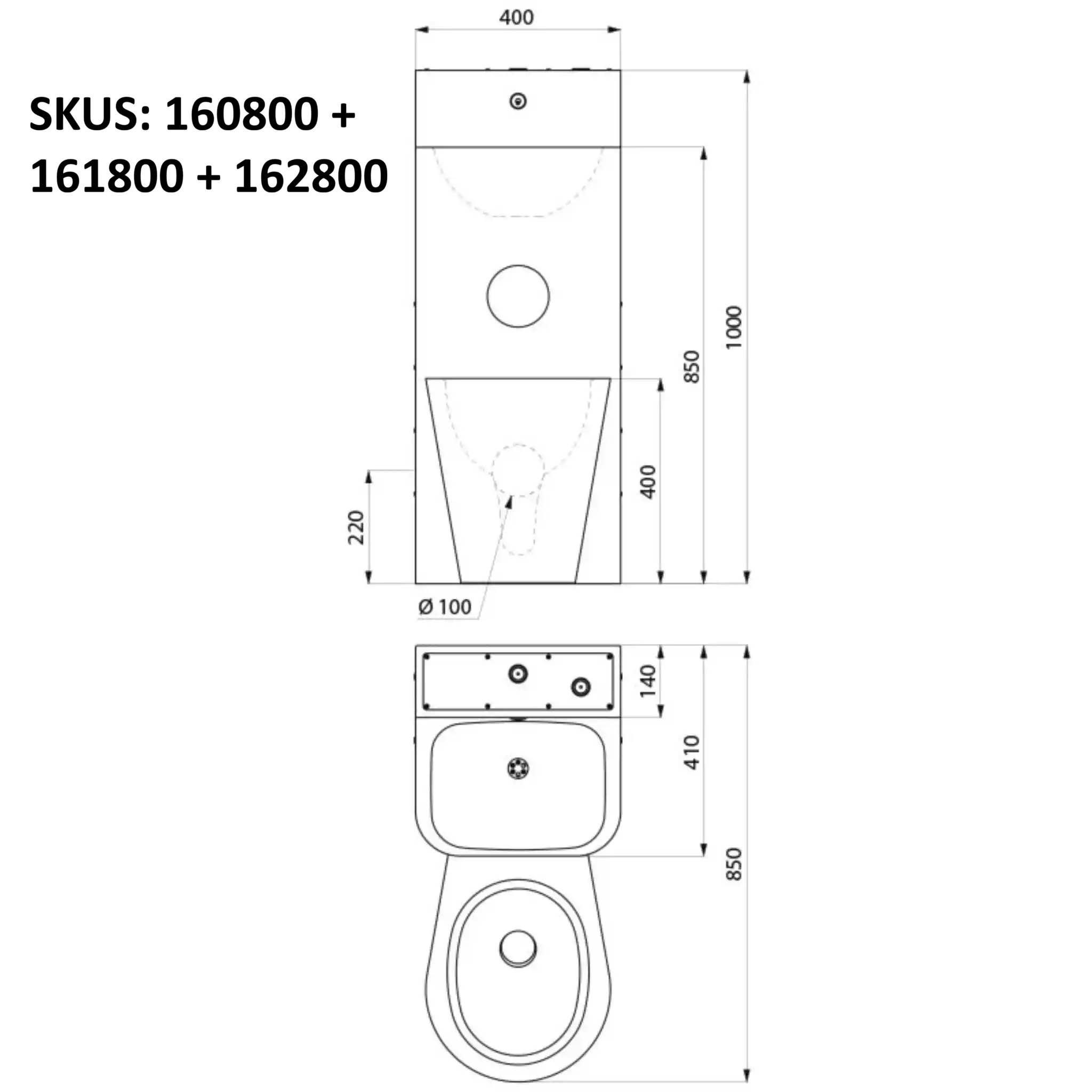 Delabie KOMPACT Combi technical drawing showing dimensions, floor standing WC combination unit, wall mounted with access panels, WC pan centred, 400mm wide 1000mm high