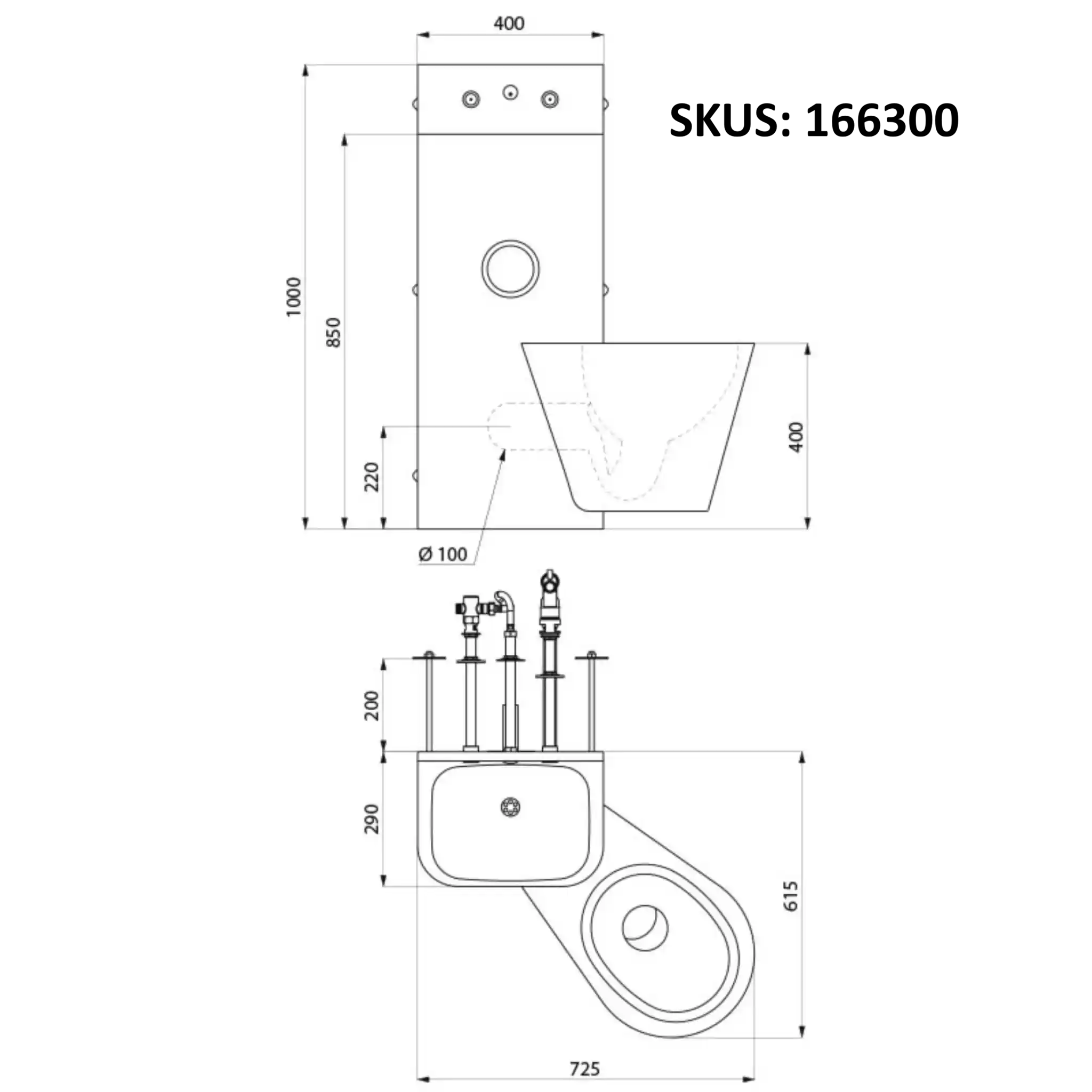 Delabie KOMPACT TC Combi technical drawing showing dimensions, wall hung WC combination unit, cross wall service duct installation, WC pan on right, 400mm wide 1000mm high