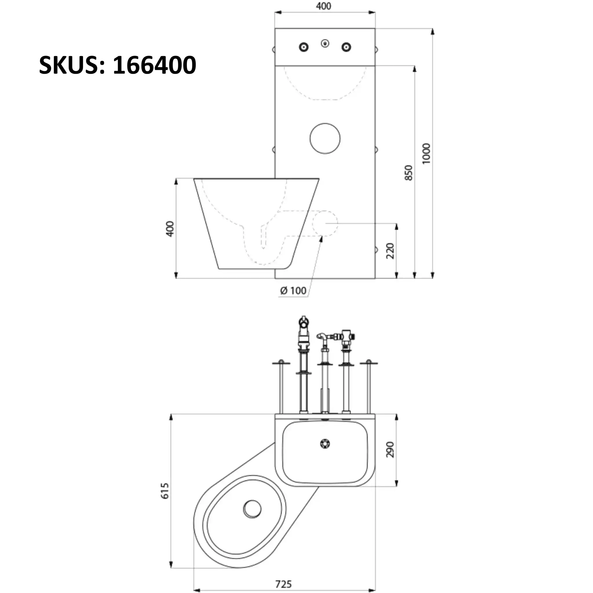 Delabie KOMPACT TC Combi technical drawing showing dimensions, wall hung WC combination unit, cross wall service duct installation, WC pan on left, 400mm wide 1000mm high