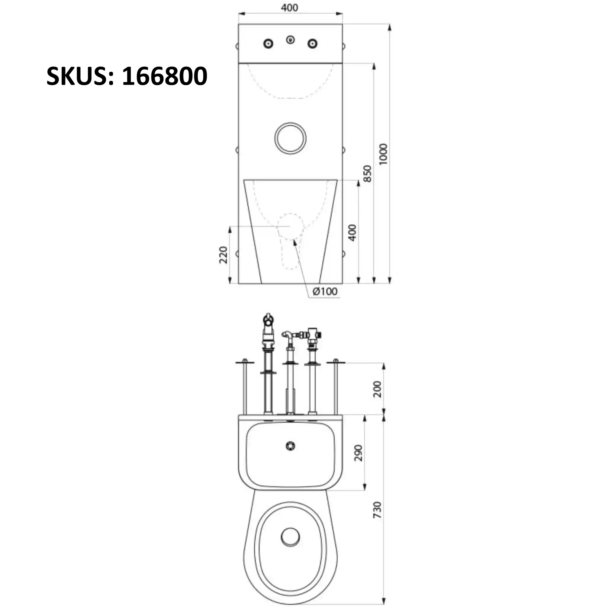 Delabie KOMPACT TC Combi technical drawing showing dimensions, floor standing WC combination unit, cross wall service duct installation, WC pan centred, 400mm wide 1000mm high