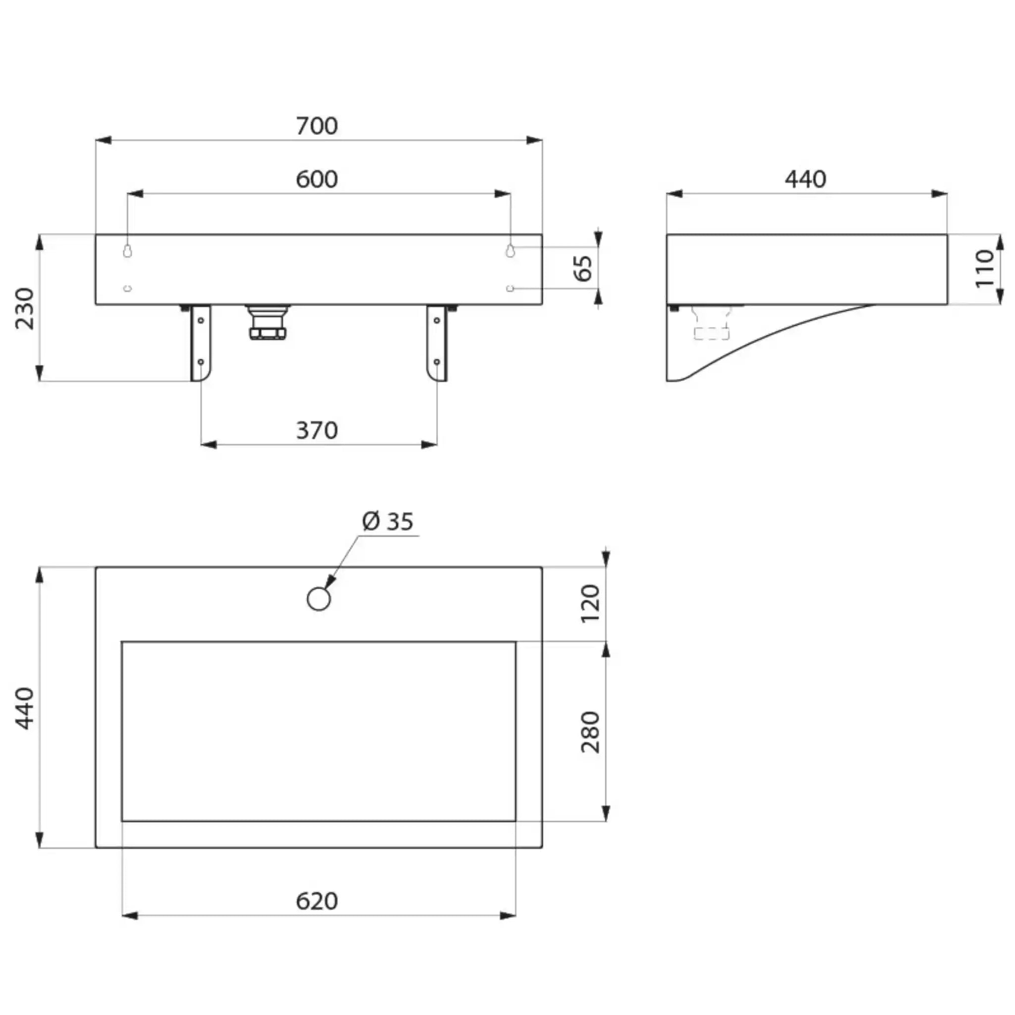 A technical drawing of the Delabie AQUEDUTO Washbasin with tap hole