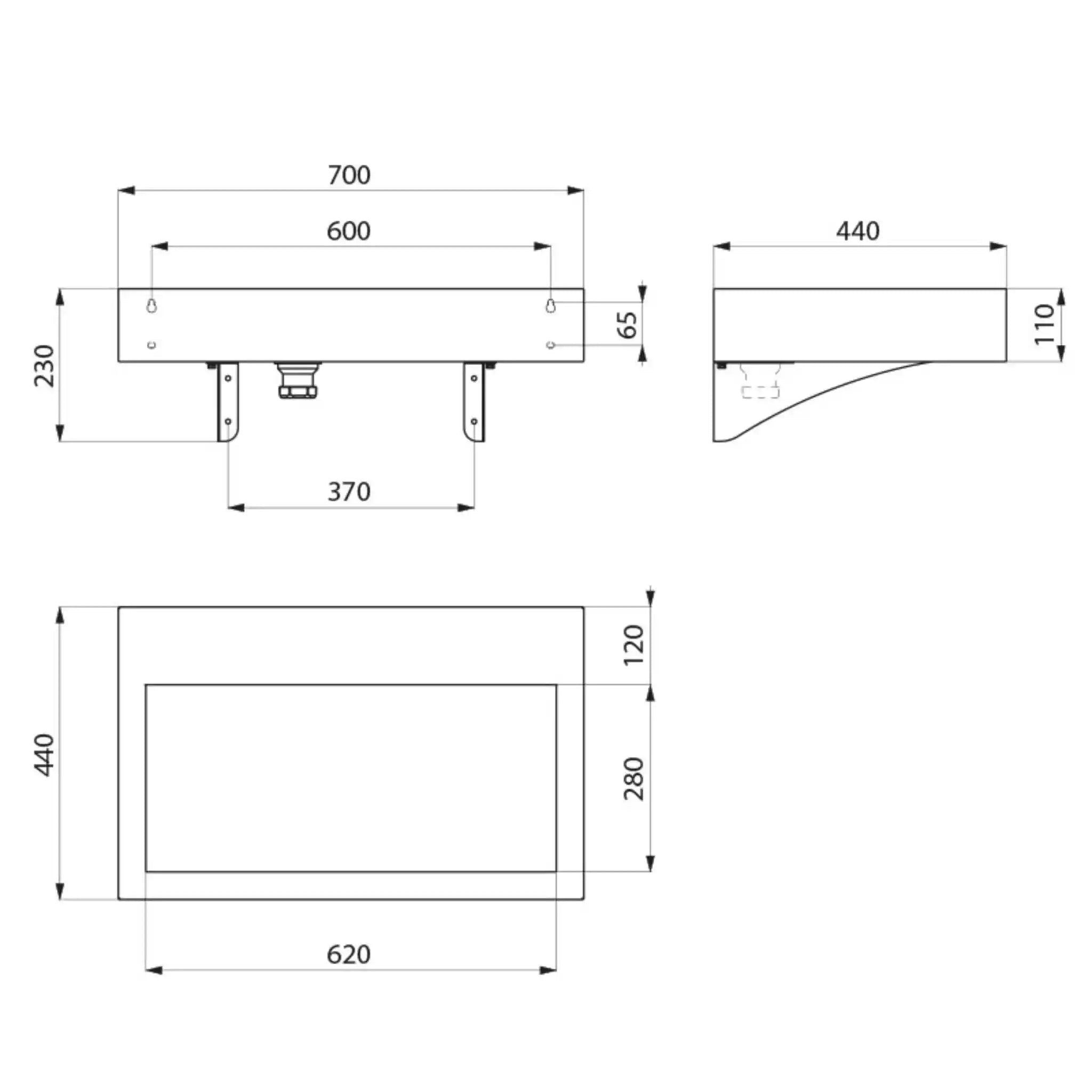 A technical drawing of the Delabie AQUEDUTO Washbasin without tap hole
