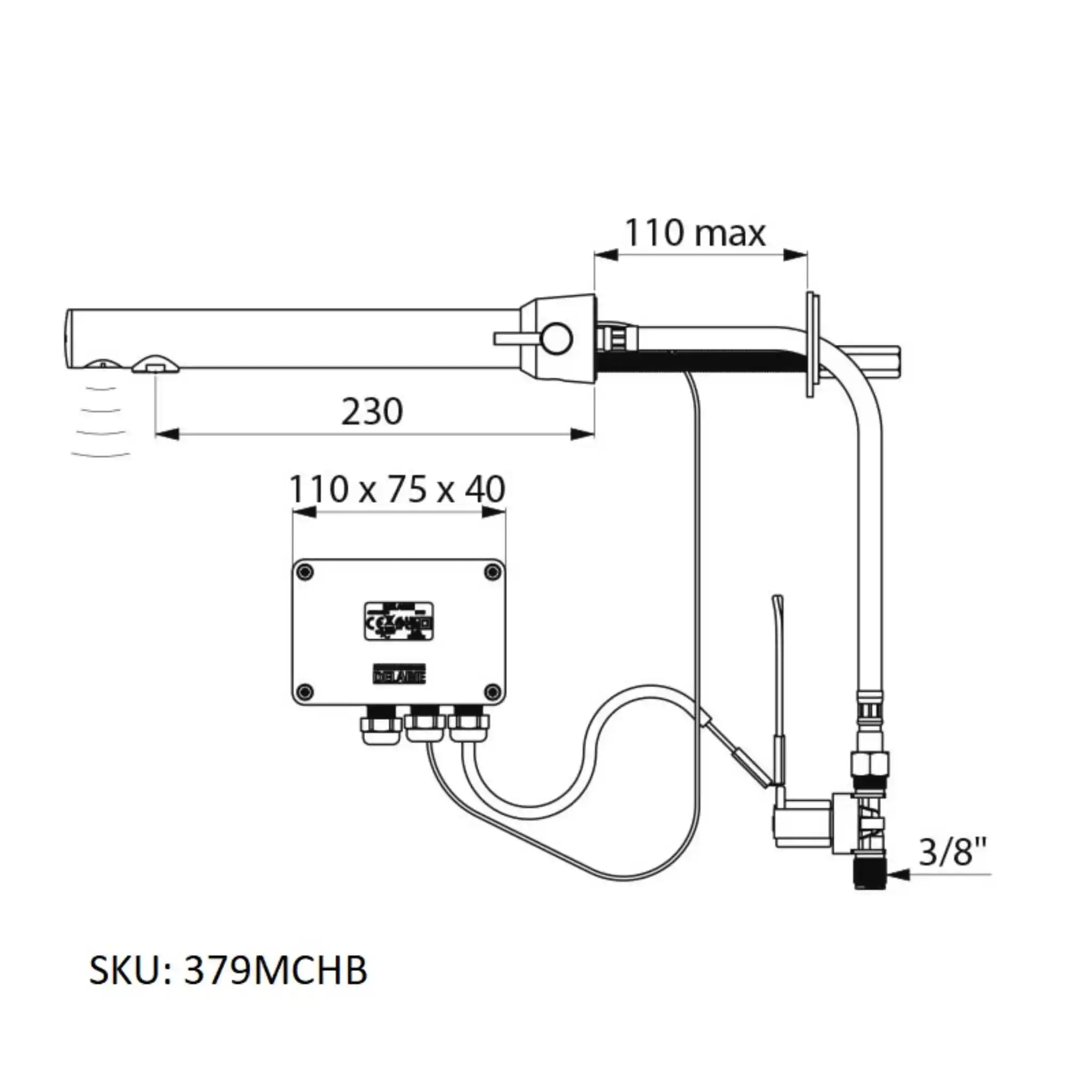 A image showing the technical drawings for the Delabie Binoptic Mix Tap Cross Wall Mounted Mains Matte Black Chrome