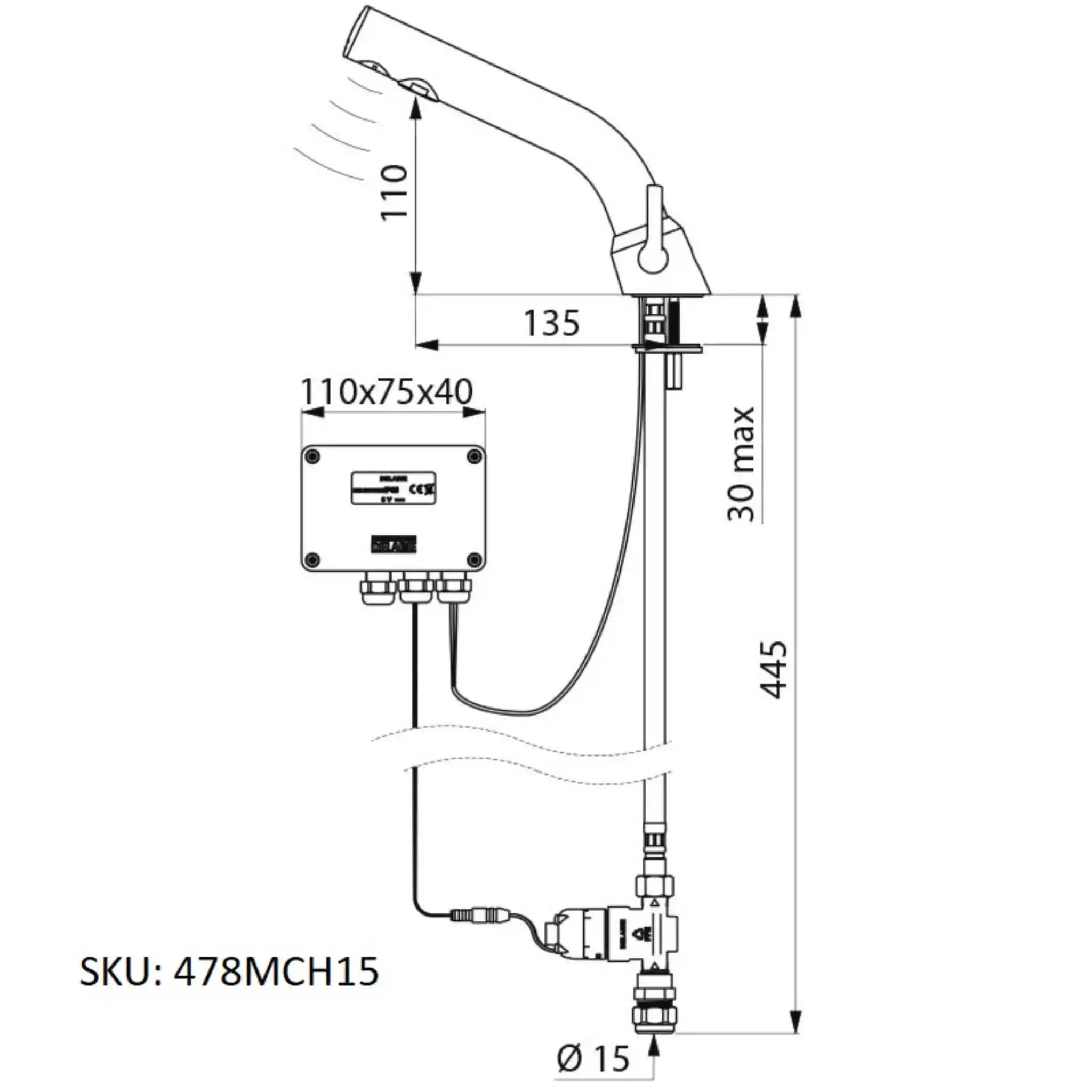 A image showing the technical drawings for the Delabie Binoptic Mix Tap Deck Mounted Battery Chrome Plated 110mm