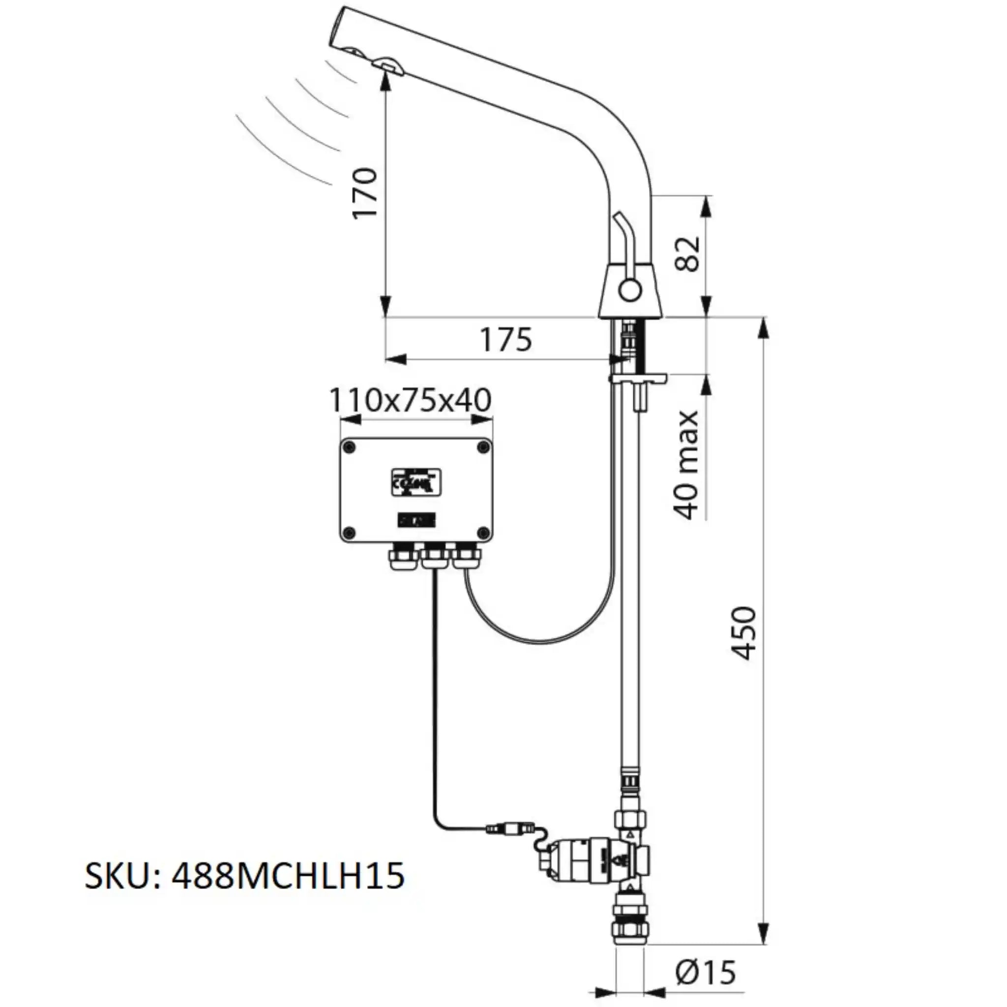 A image showing the technical drawings for the Delabie Binoptic Mix Tap Deck Mounted Battery Chrome Plated 170mm