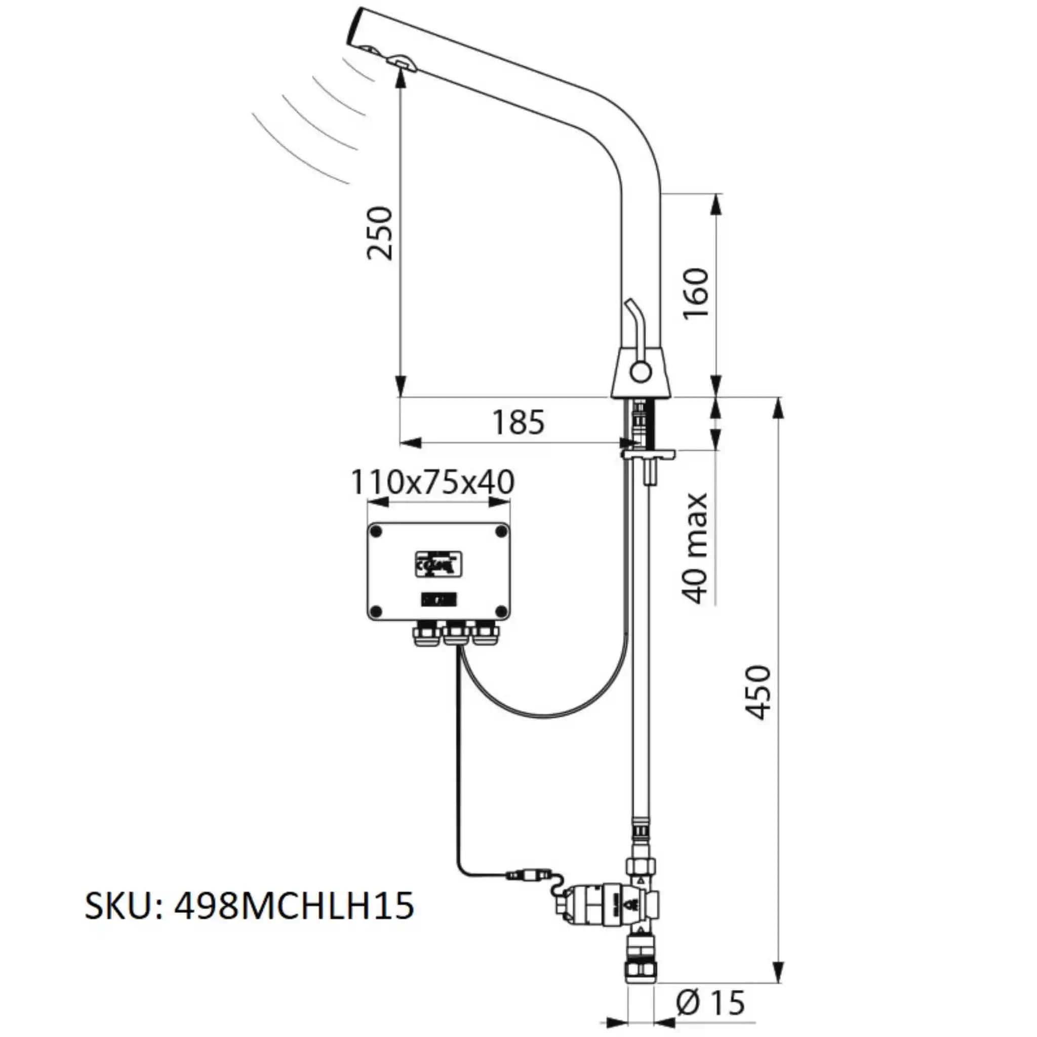 A image showing the technical drawings for the Delabie Binoptic Mix Tap Deck Mounted Battery Chrome Plated 250mm