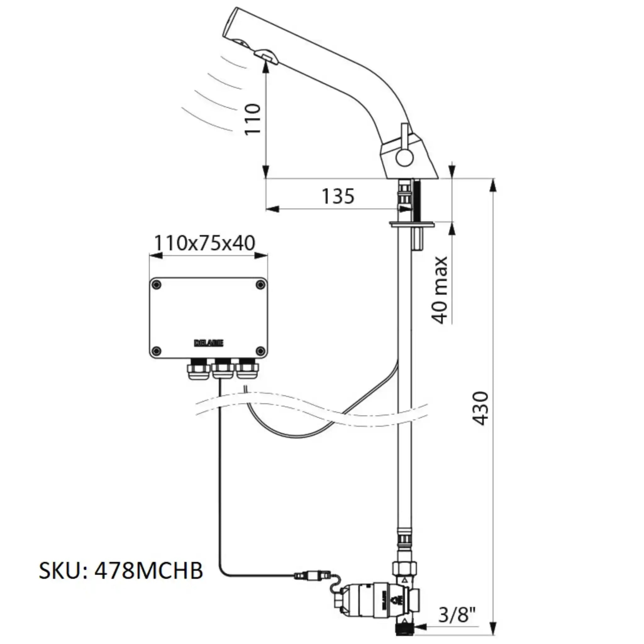A image showing the technical drawings for the Delabie Binoptic Mix Tap Deck Mounted Battery Matte Black Chrome 110mm