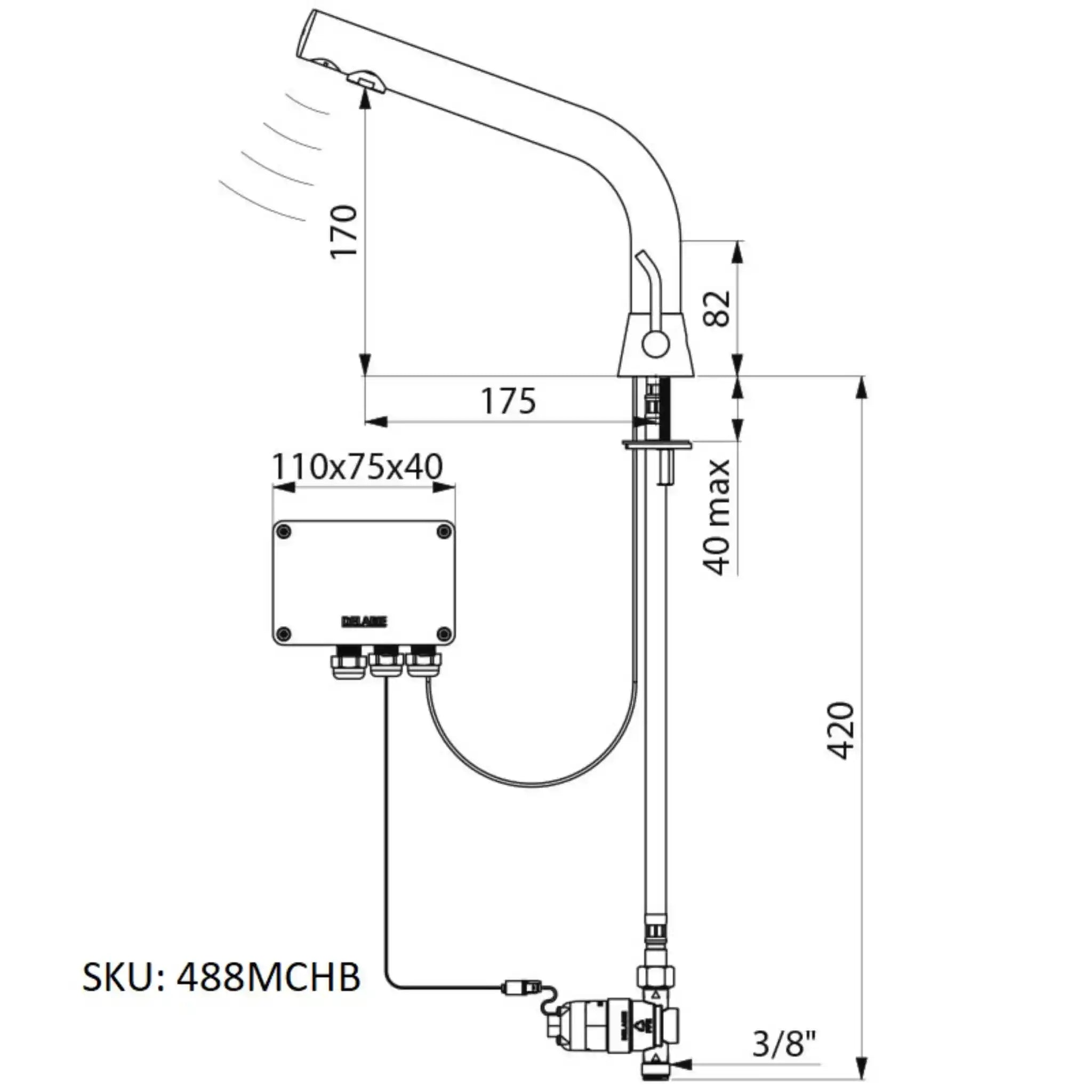 A image showing the technical drawings for the Delabie Binoptic Mix Tap Deck Mounted Battery Matte Black Chrome 170mm