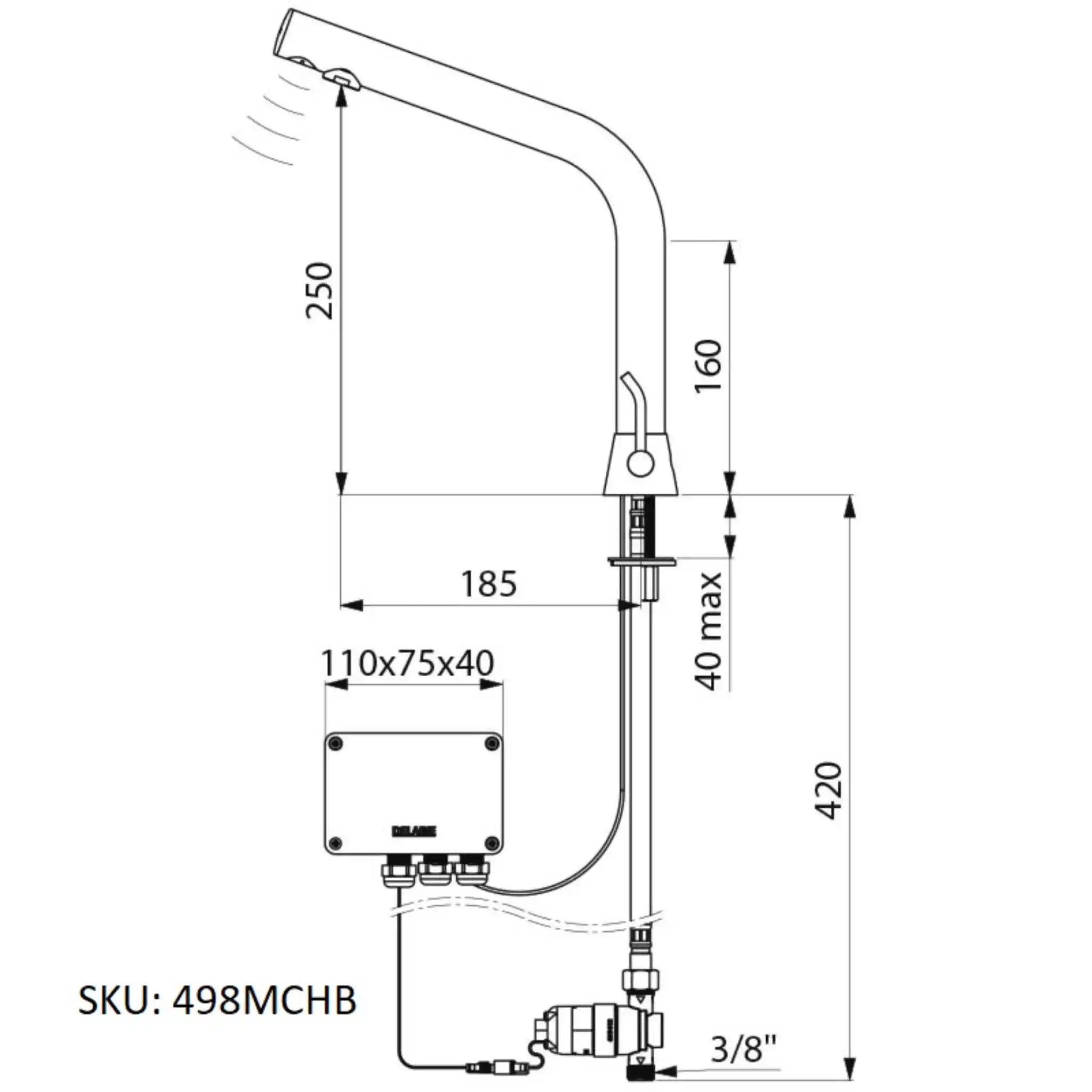 A image showing the technical drawings for the Delabie Binoptic Mix Tap Deck Mounted Battery Matte Black Chrome 250mm
