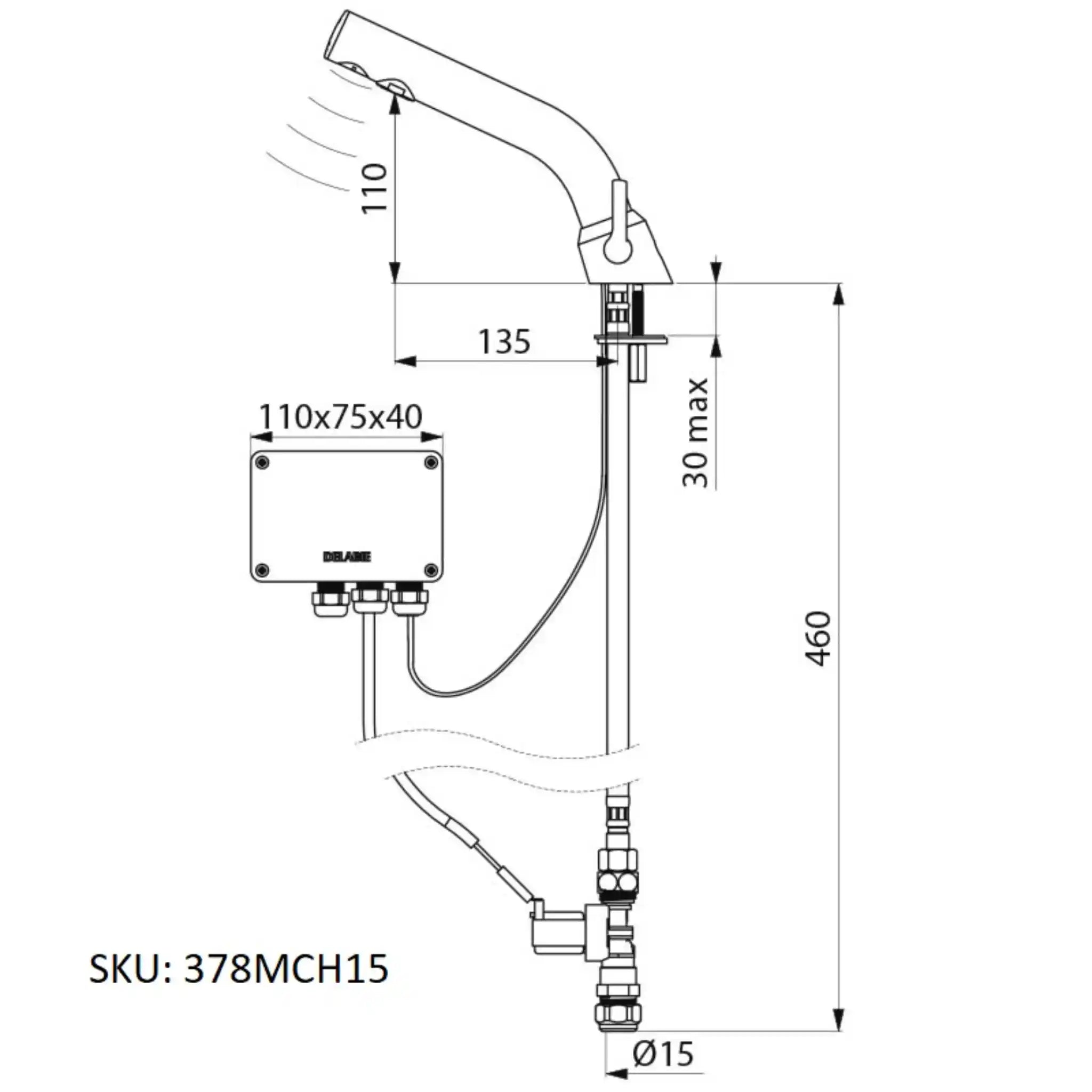 A image showing the technical drawings for the Delabie Binoptic Mix Tap Deck Mounted Mains Chrome Plated 110mm