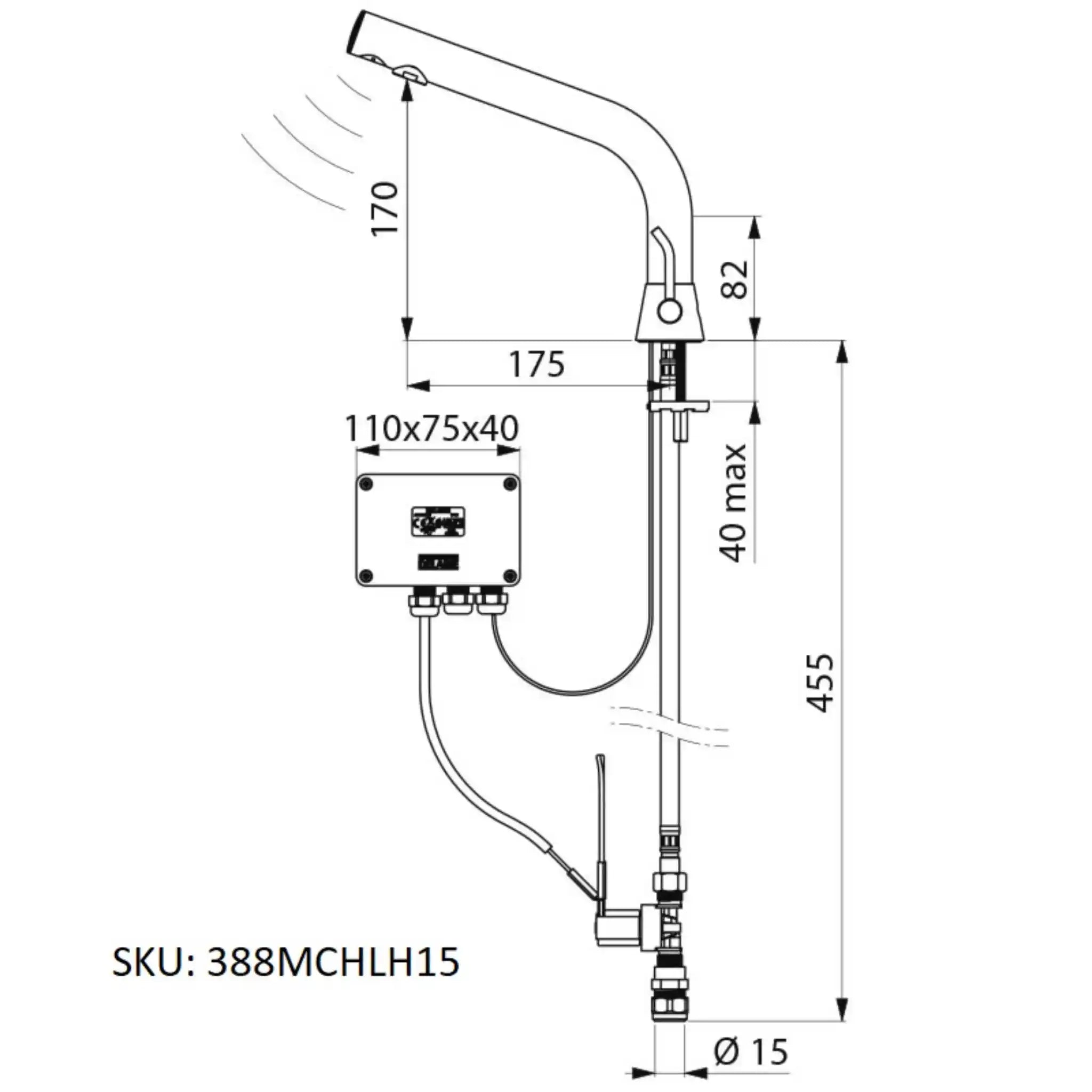 A image showing the technical drawings for the Delabie Binoptic Mix Tap Deck Mounted Mains Chrome Plated 170mm