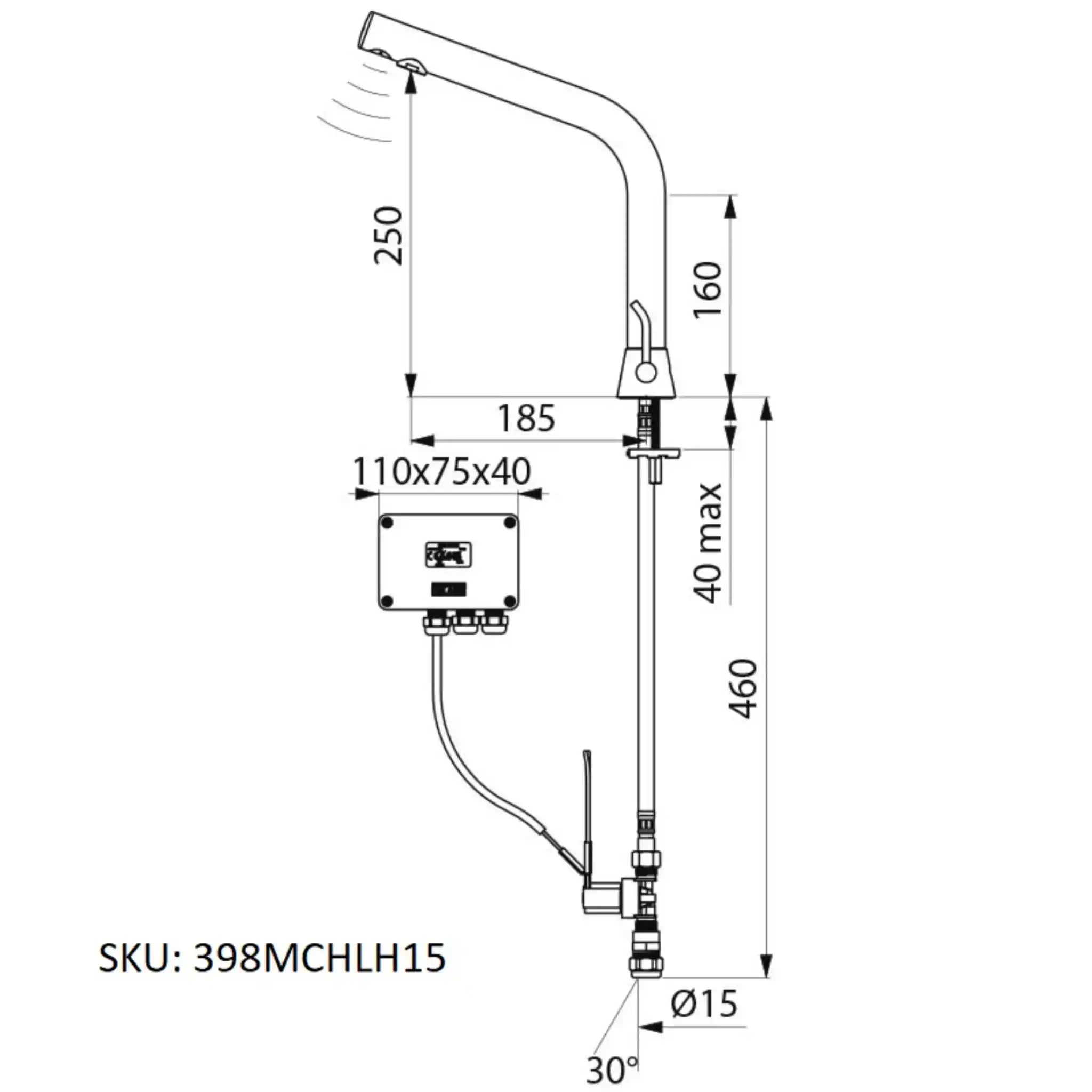 A image showing the technical drawings for the Delabie Binoptic Mix Tap Deck Mounted Mains Chrome Plated 250mm