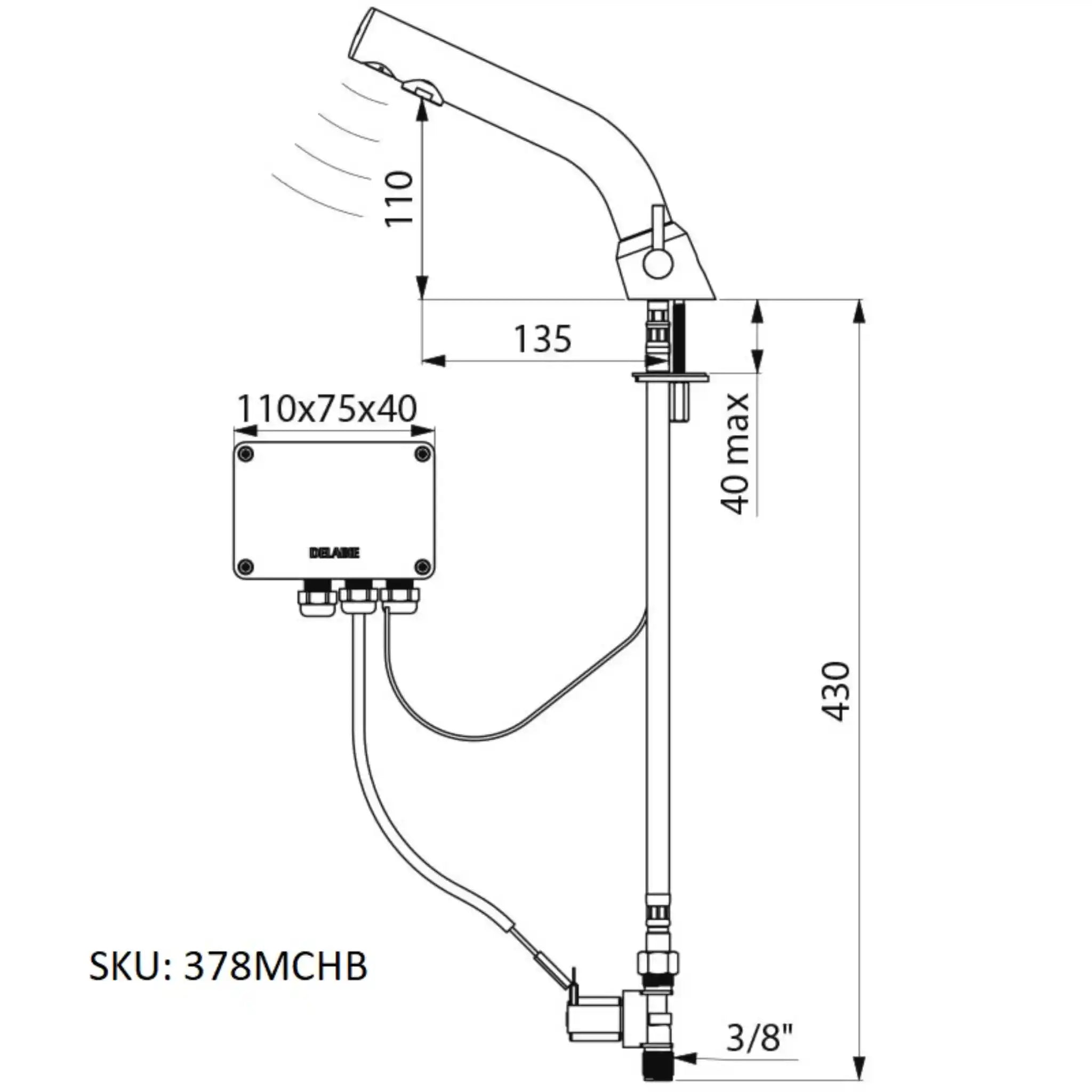 A image showing the technical drawings for the Delabie Binoptic Mix Tap Deck Mounted Mains Matte Black Chrome 110mm