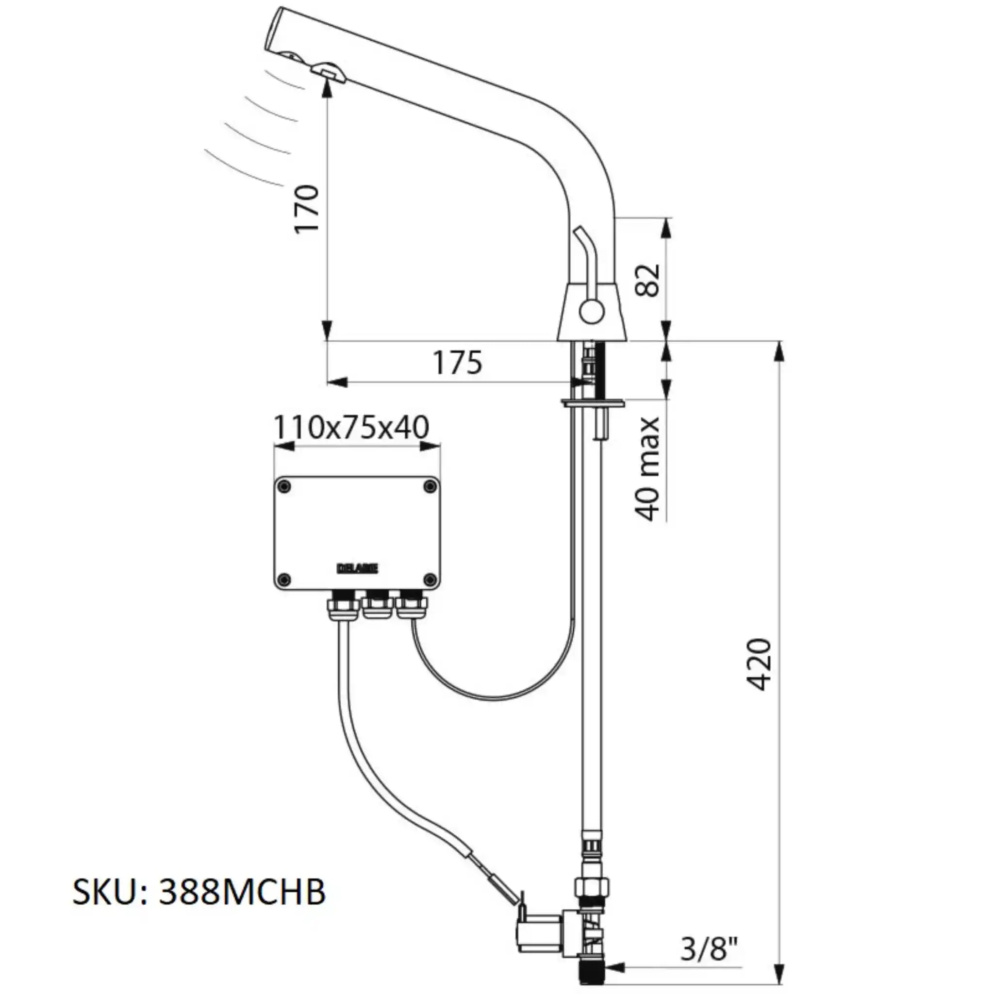 A image showing the technical drawings for the Delabie Binoptic Mix Tap Deck Mounted Mains Matte Black Chrome 170mm