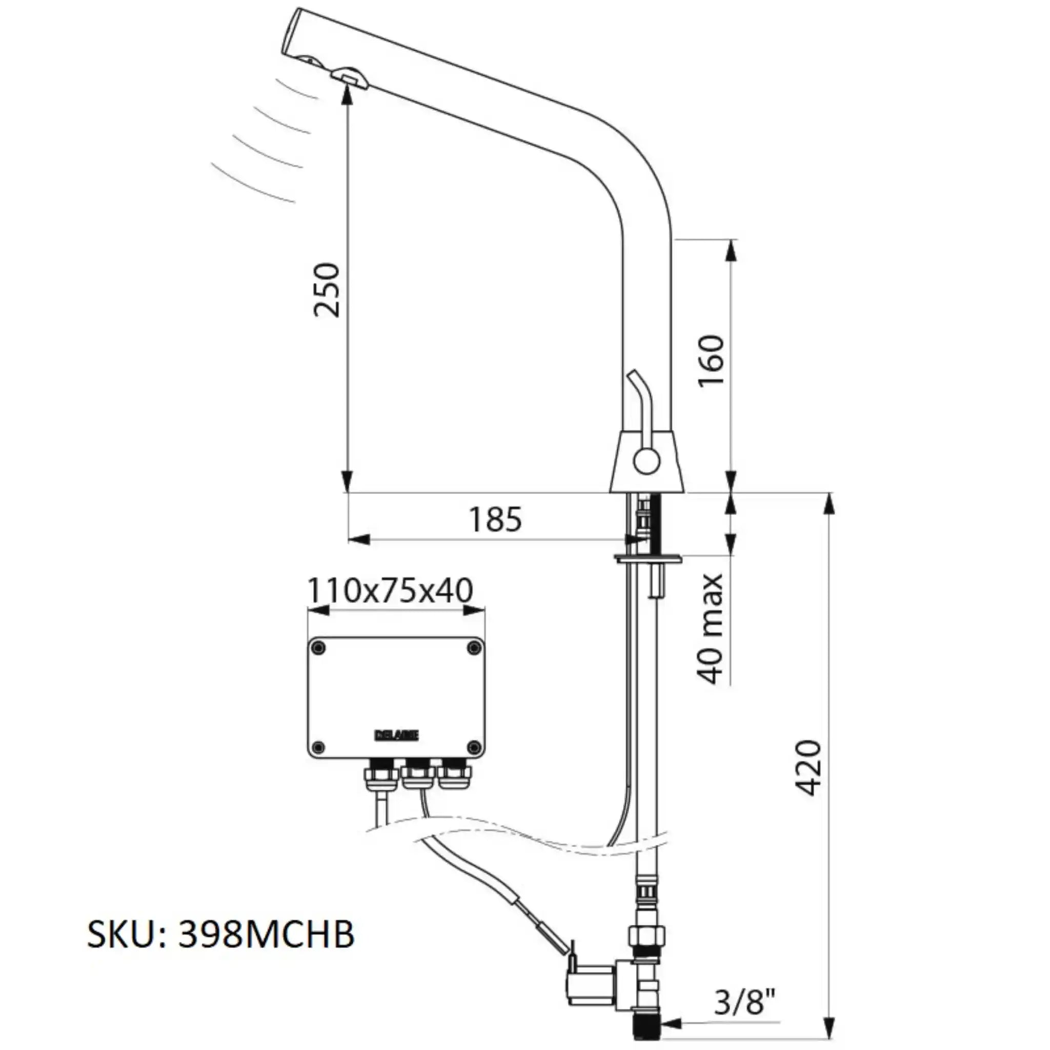A image showing the technical drawings for the Delabie Binoptic Mix Tap Deck Mounted Mains Matte Black Chrome 250mm