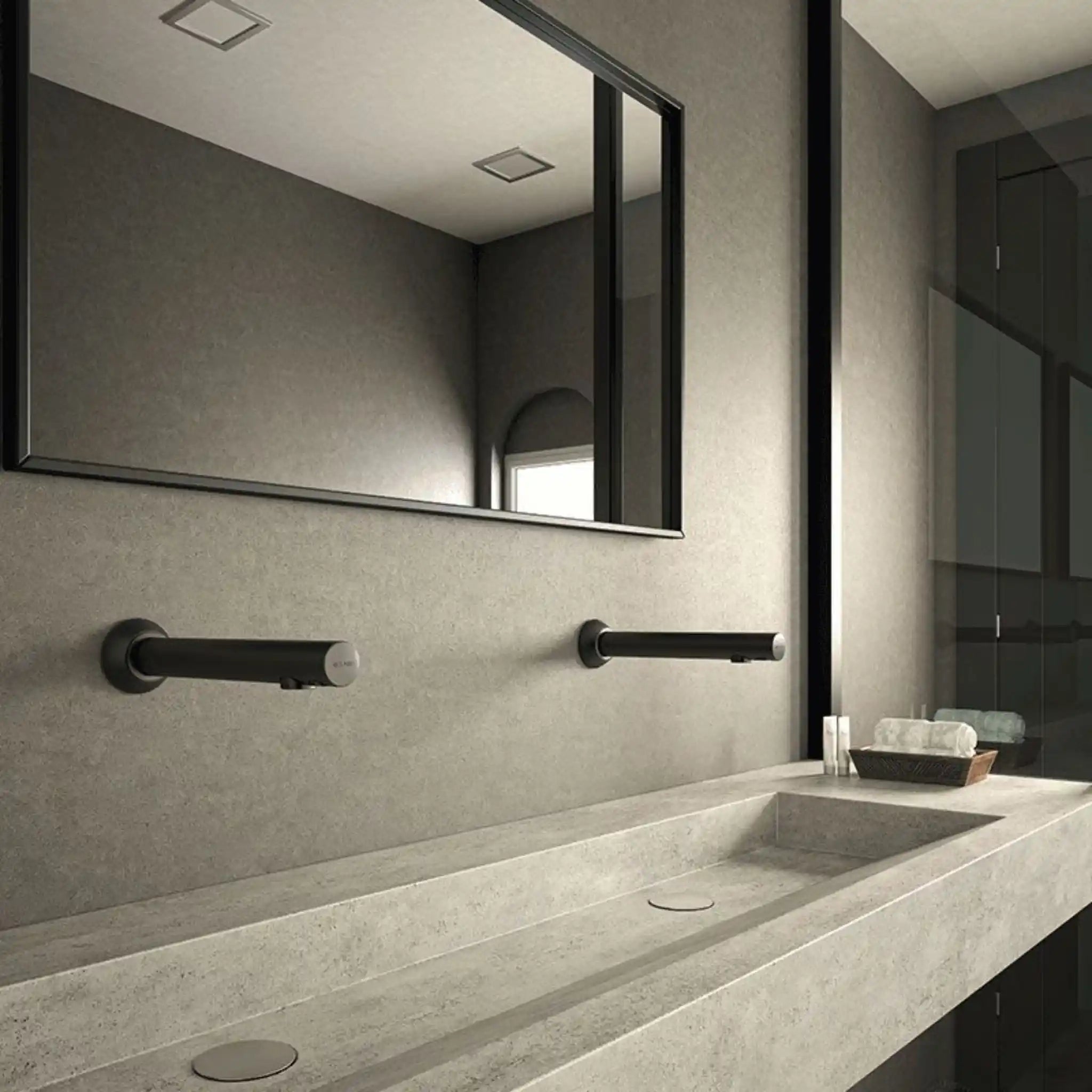 Binoptic Mixer Sensor Tap Matte Black Chrome Cross Wall Mounted in the Washroom