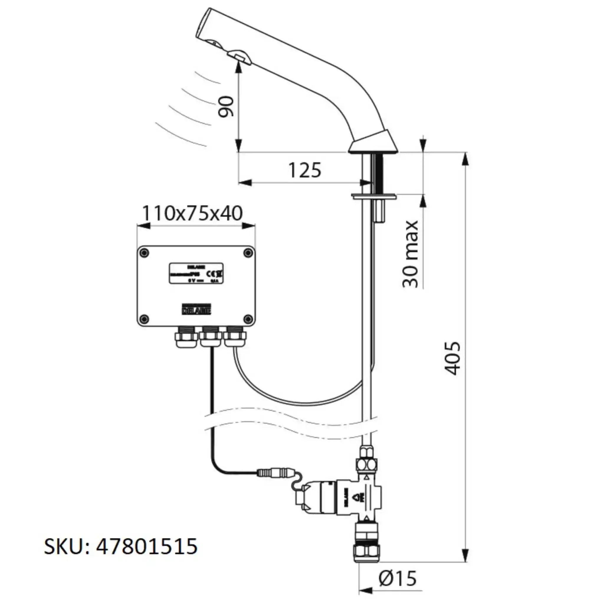 A image showing the technical drawings for the Delabie Binoptic Tap Deck Mounted Battery Chrome Plated 110mm