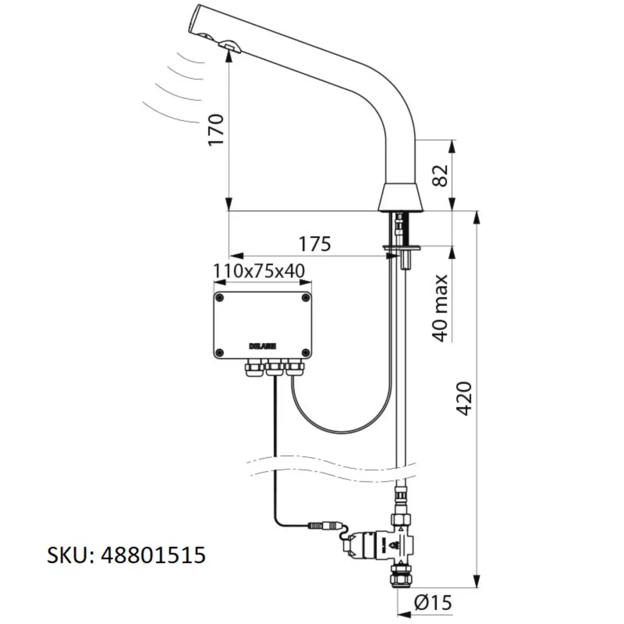 A image showing the technical drawings for the Delabie Binoptic Tap Deck Mounted Battery Chrome Plated 170mm