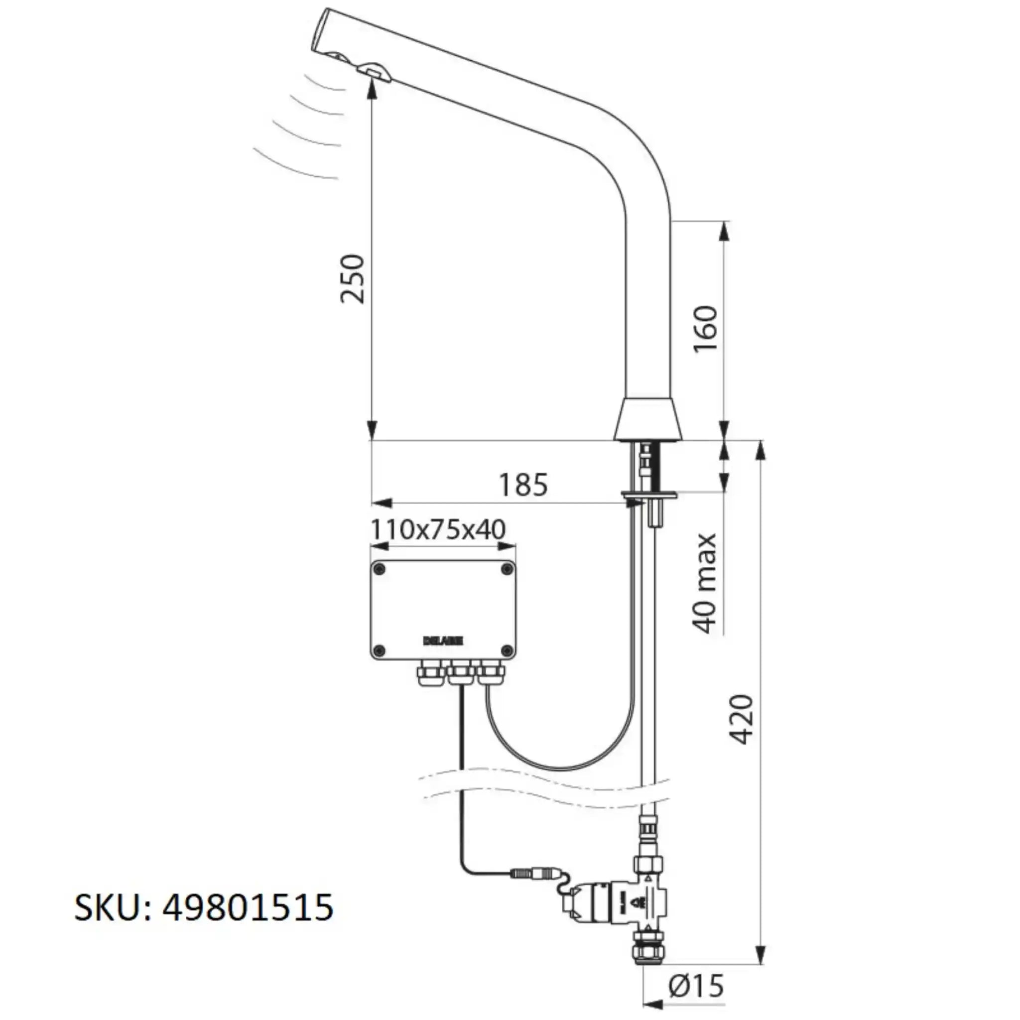 A image showing the technical drawings for the Delabie Binoptic Tap Deck Mounted Battery Chrome Plated 250mm