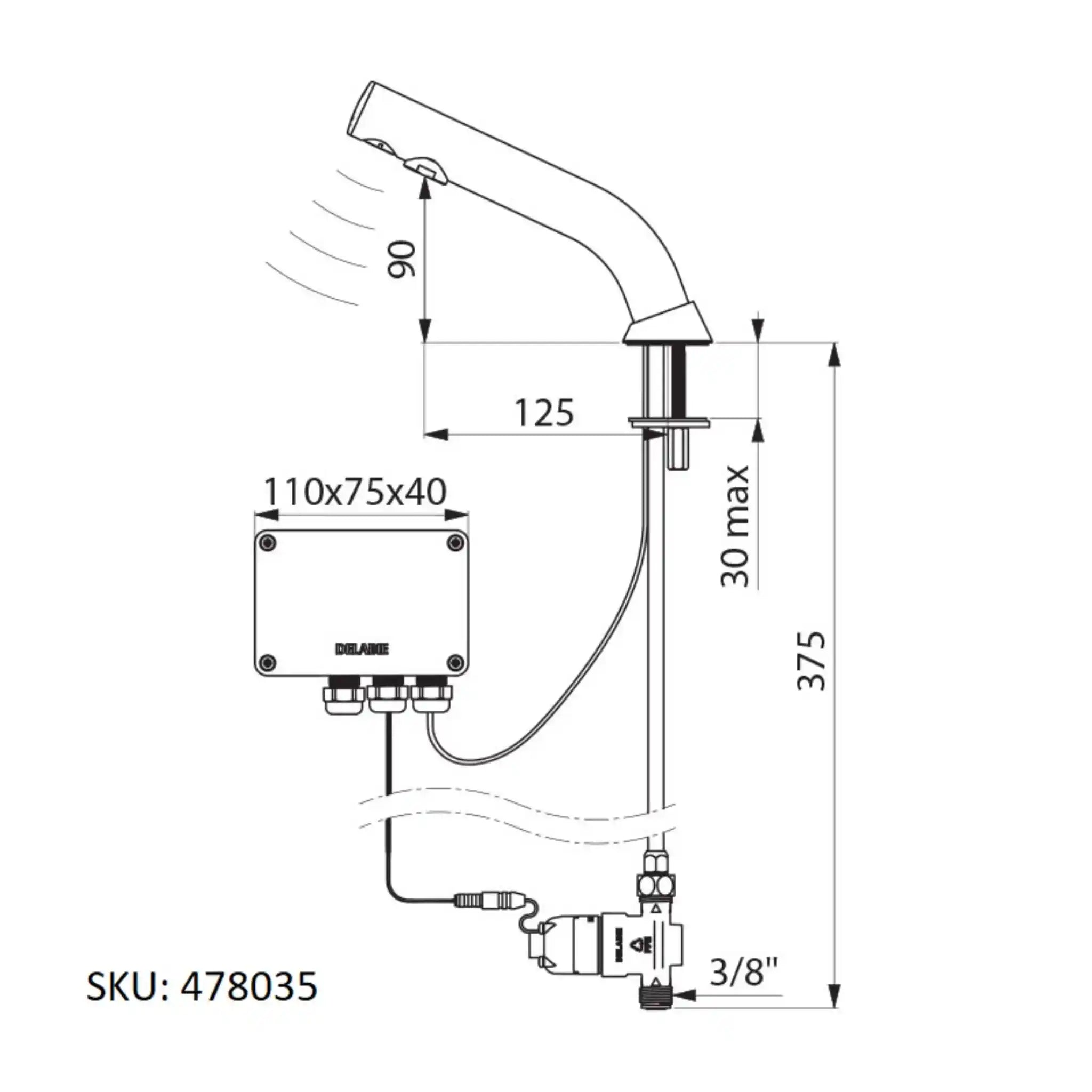 A image showing the technical drawings for the Delabie Binoptic Tap Deck Mounted Battery Matte Black Chrome 110mm