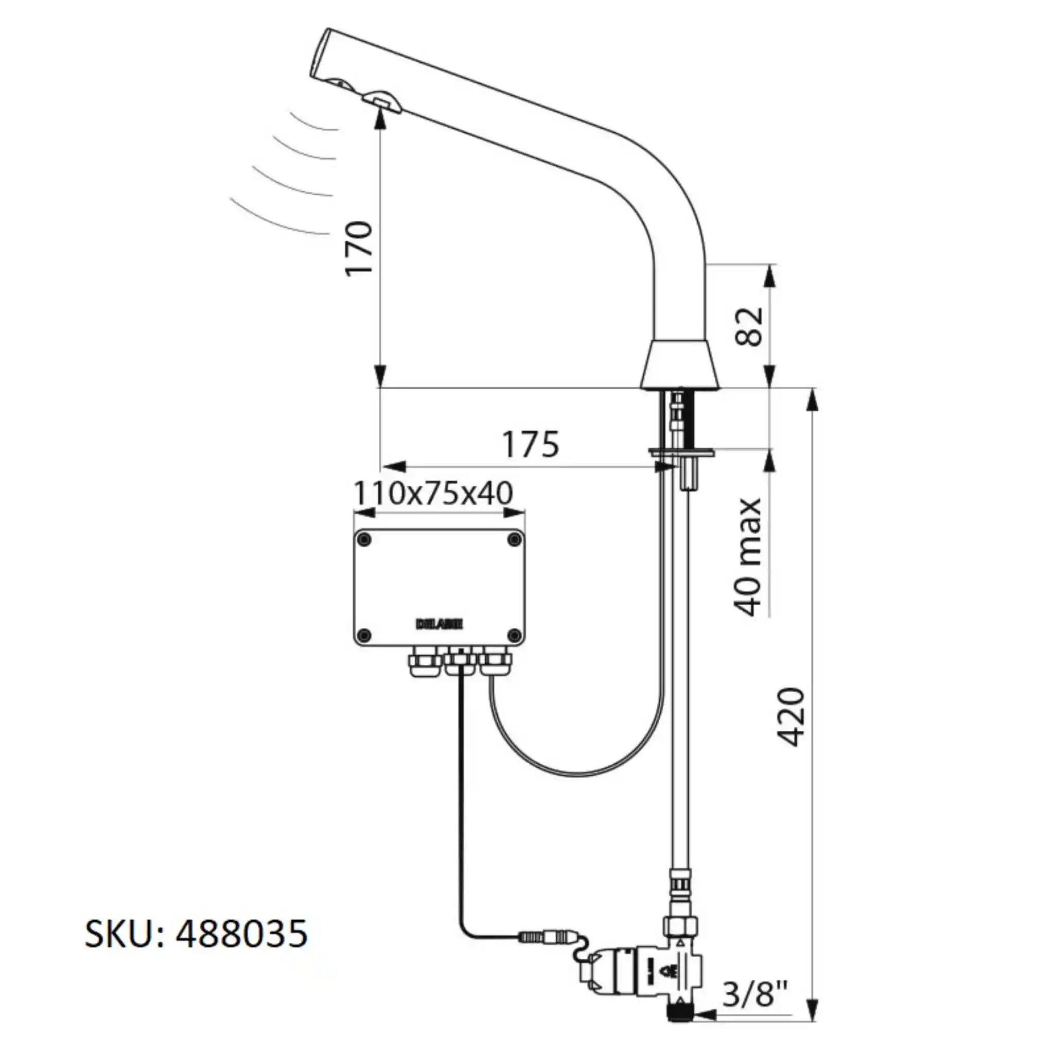 A image showing the technical drawings for the Delabie Binoptic Tap Deck Mounted Battery Matte Black Chrome 170mm