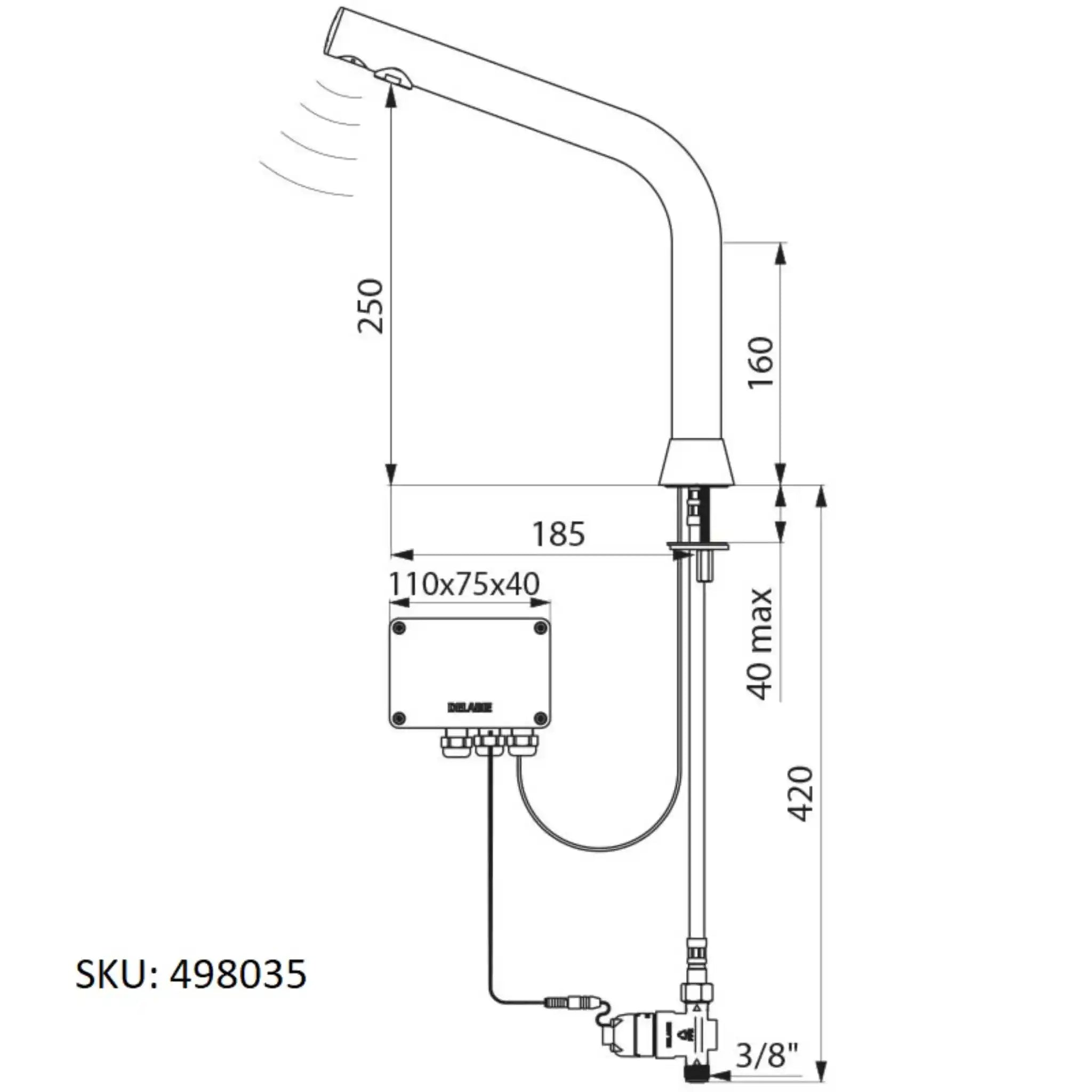 A image showing the technical drawings for the Delabie Binoptic Tap Deck Mounted Battery Matte Black Chrome 250mm