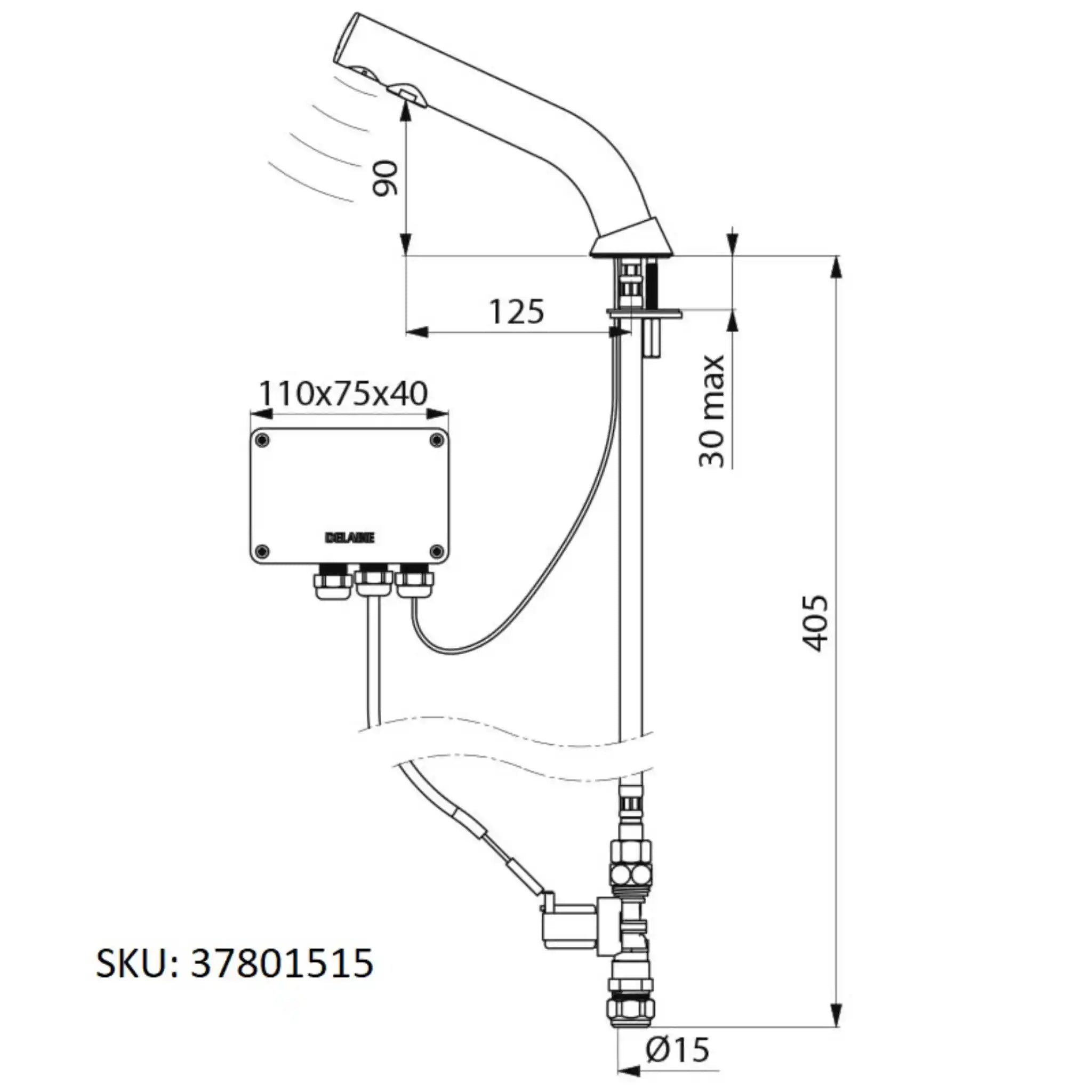 A image showing the technical drawings for the Delabie Binoptic Tap Deck Mounted Mains Chrome Plated 110mm