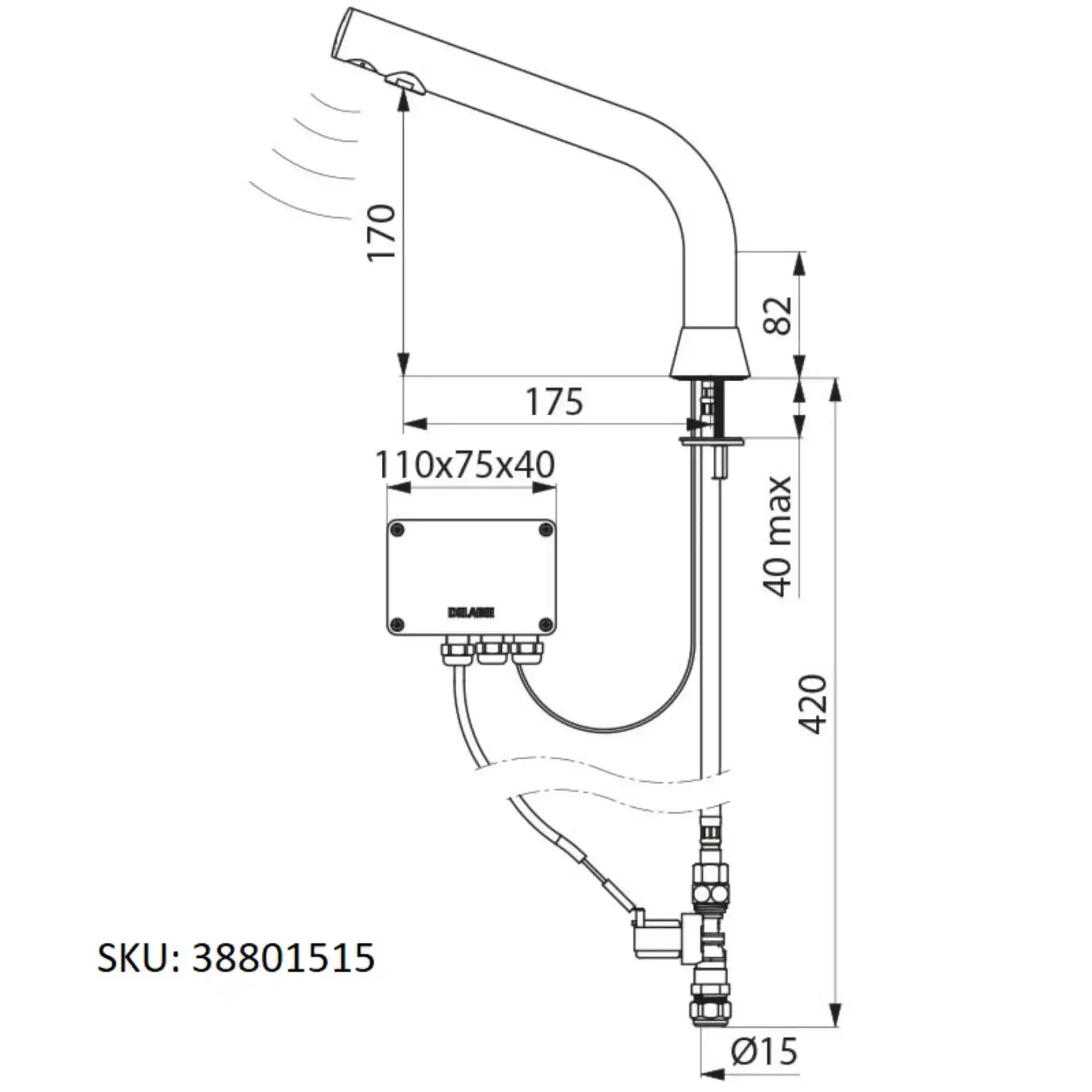 A image showing the technical drawings for the Delabie Binoptic Tap Deck Mounted Mains Chrome Plated 170mm