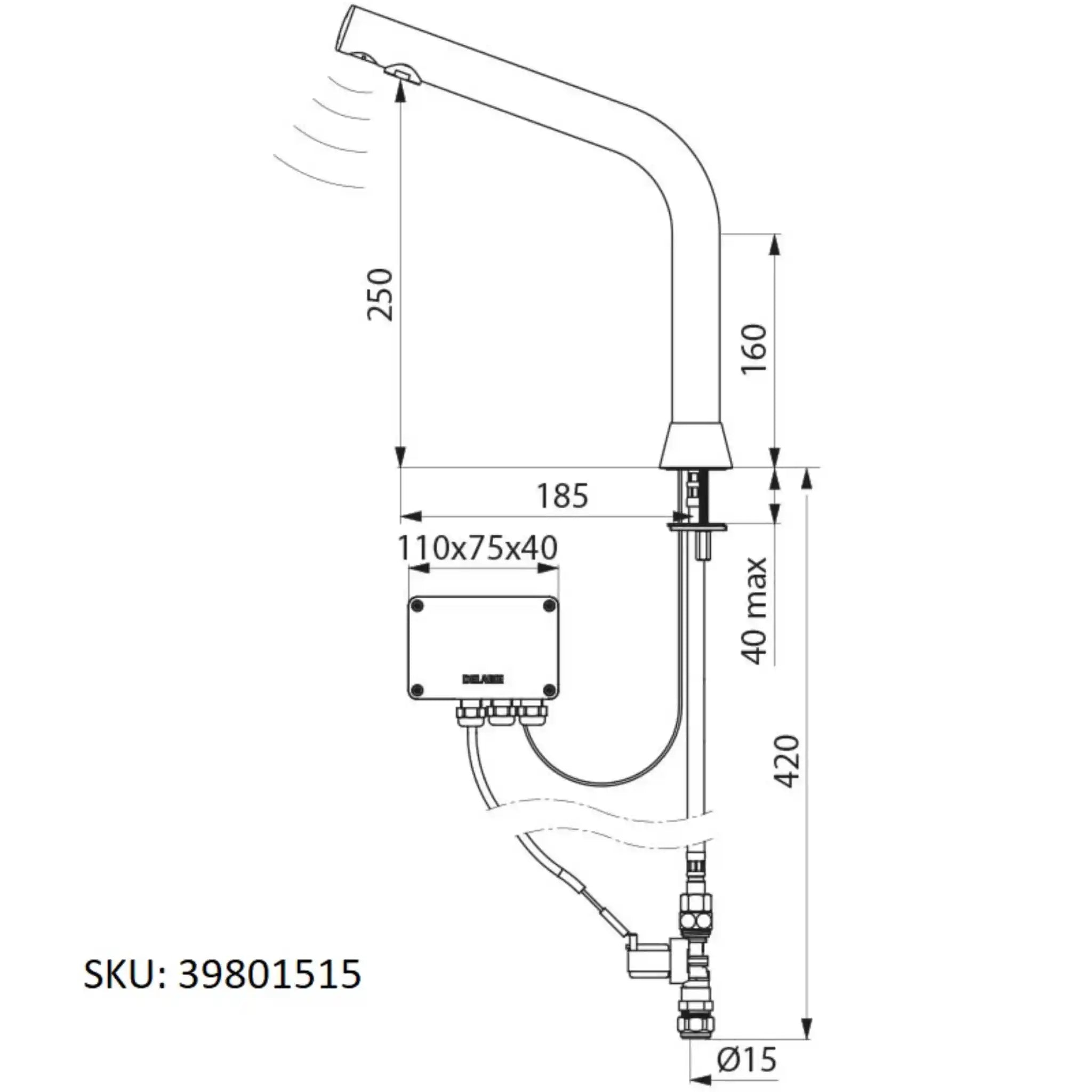 A image showing the technical drawings for the Delabie Binoptic Tap Deck Mounted Mains Chrome Plated 250mm