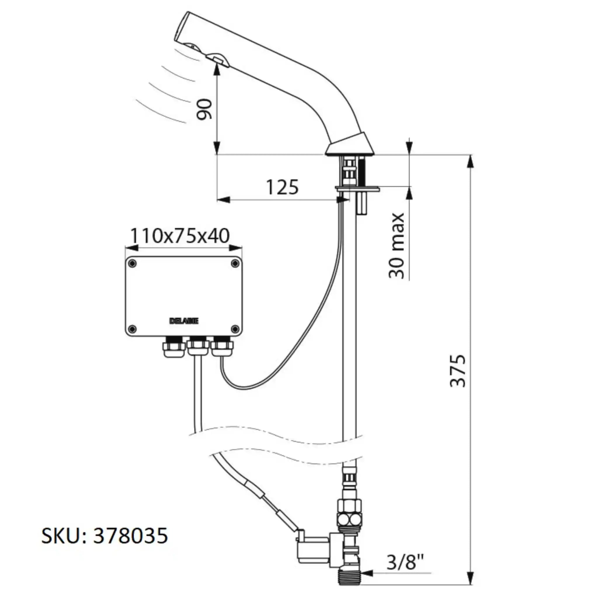 A image showing the technical drawings for the Delabie Binoptic Tap Deck Mounted Mains Matte Black Chrome 110mm