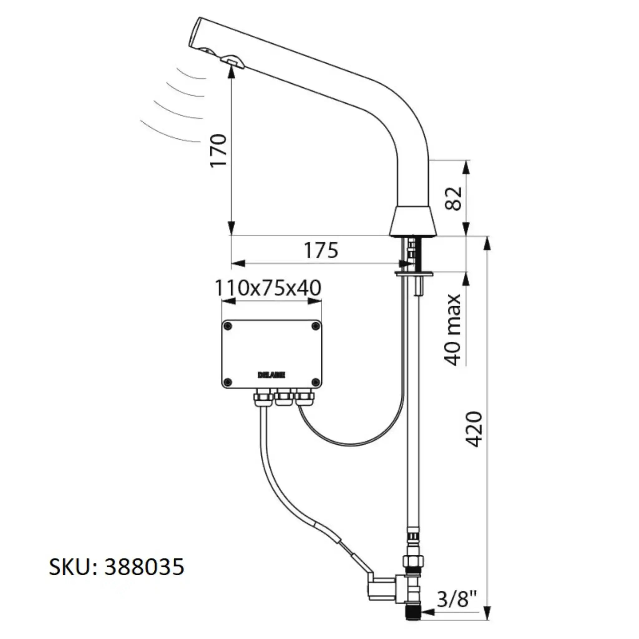 A image showing the technical drawings for the Delabie Binoptic Tap Deck Mounted Mains Matte Black Chrome 170mm