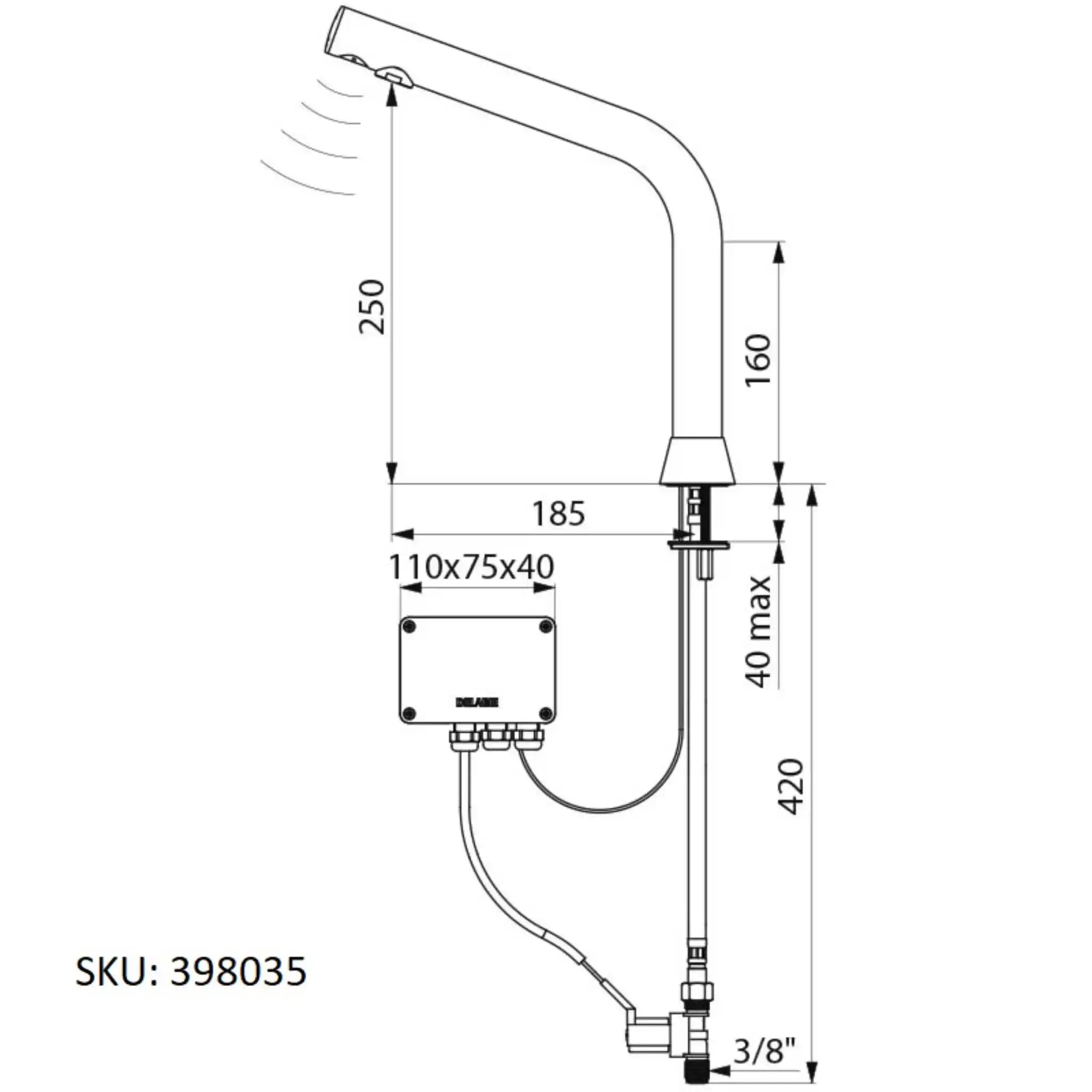 A image showing the technical drawings for the Delabie Binoptic Tap Deck Mounted Mains Matte Black Chrome 250mm